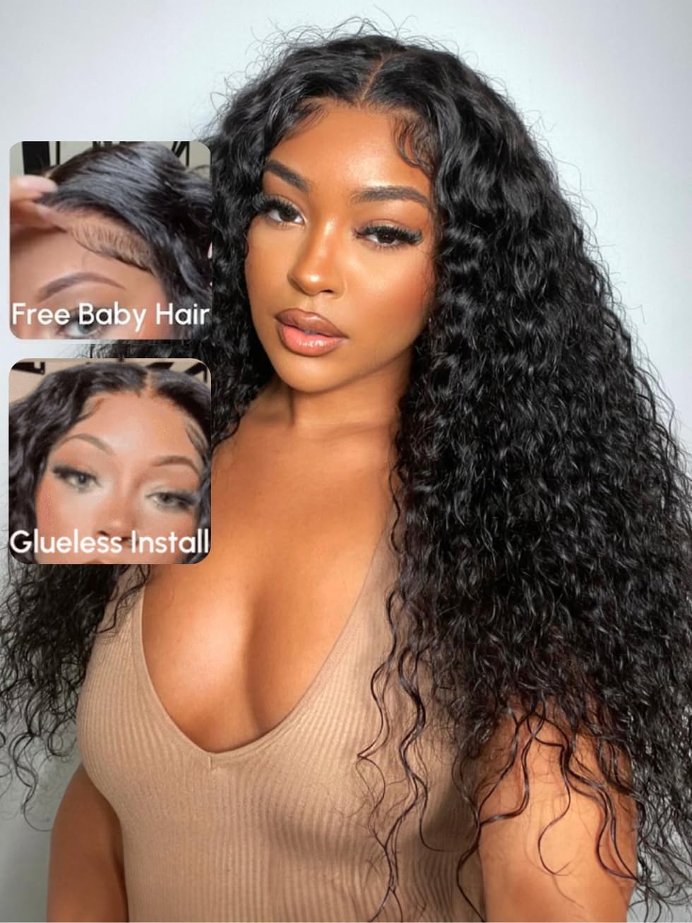 UNICE Water Wave 7X5 Lace Front Wig - 18 Inch Human Hair, Natural Black, Pre Plucked, 180% Density, Glueless