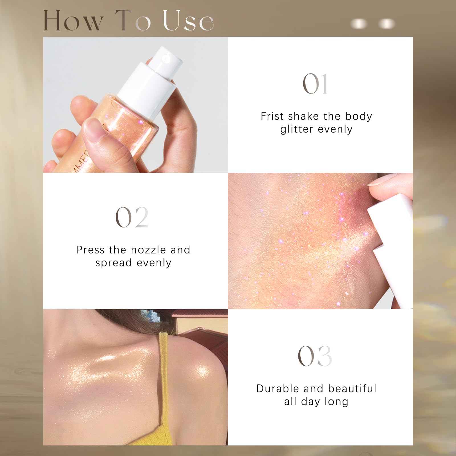 HOSAILY Body Glitter Spray, Moisturizing Bronze Body Shimmer Luminizer Glow Illuminator Quick-Drying and Non-Sticky Glitter Spra