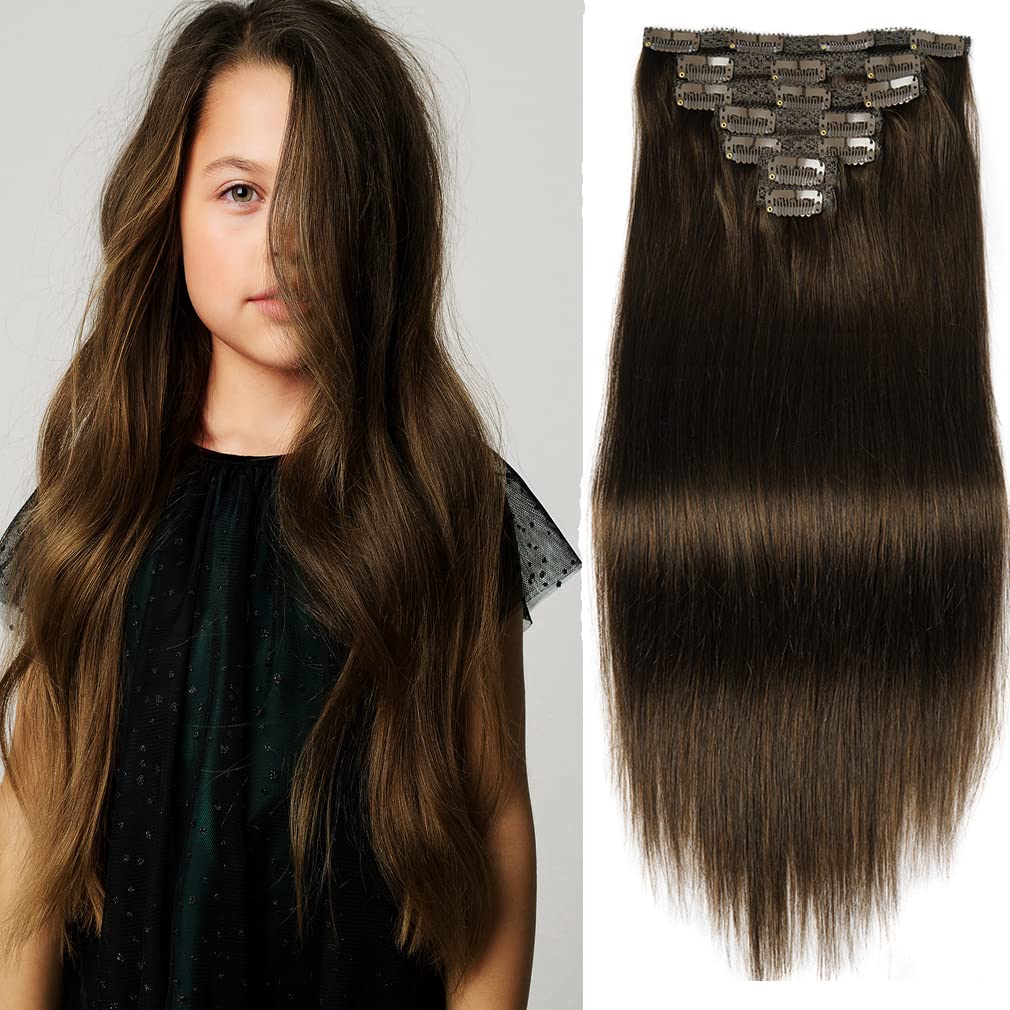 20'' Clip In Human Hair Extensions Full Head 180G 7 Pieces 16 Clips 4# Chocolate Brown Double Weft Brazilian Real Remy Hair Exte