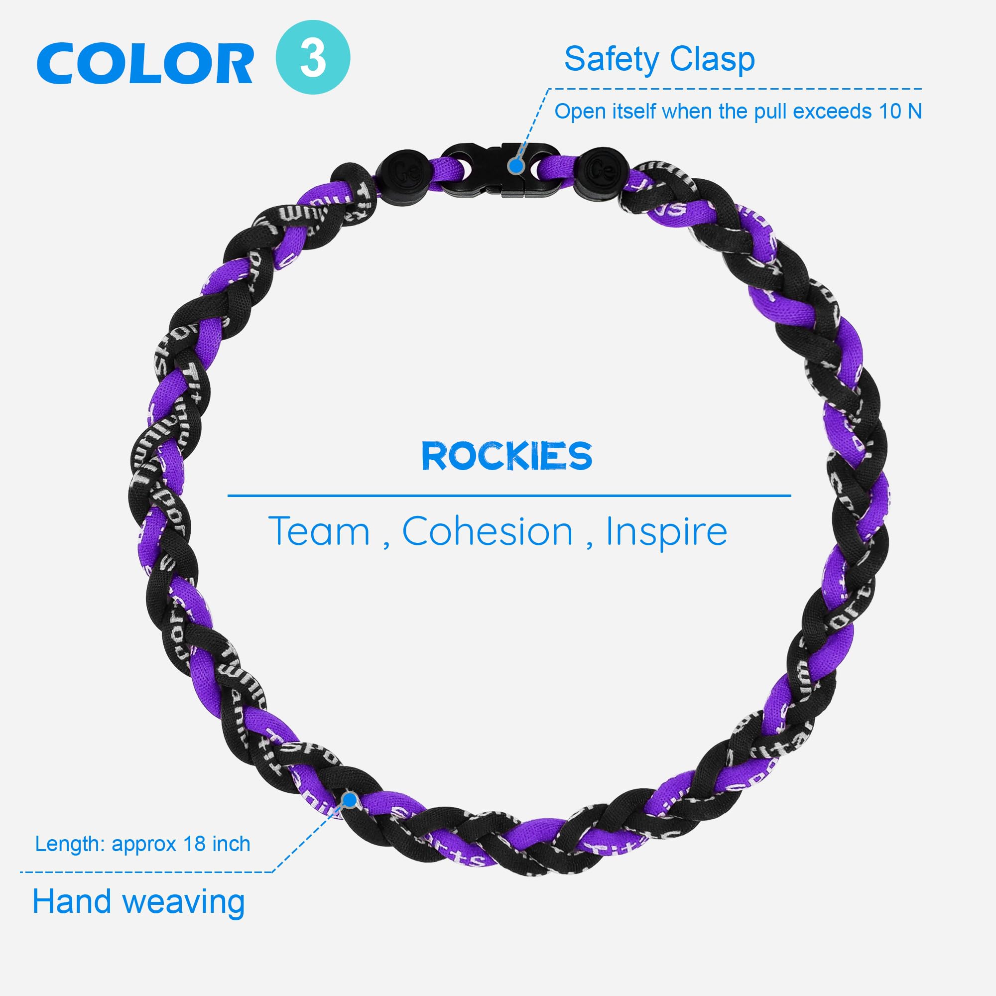 SUPBOMM 3 pcs Baseball Rope Necklaces, League Team Colors Braided Necklace, Baseball Team Gifts, Rockies
