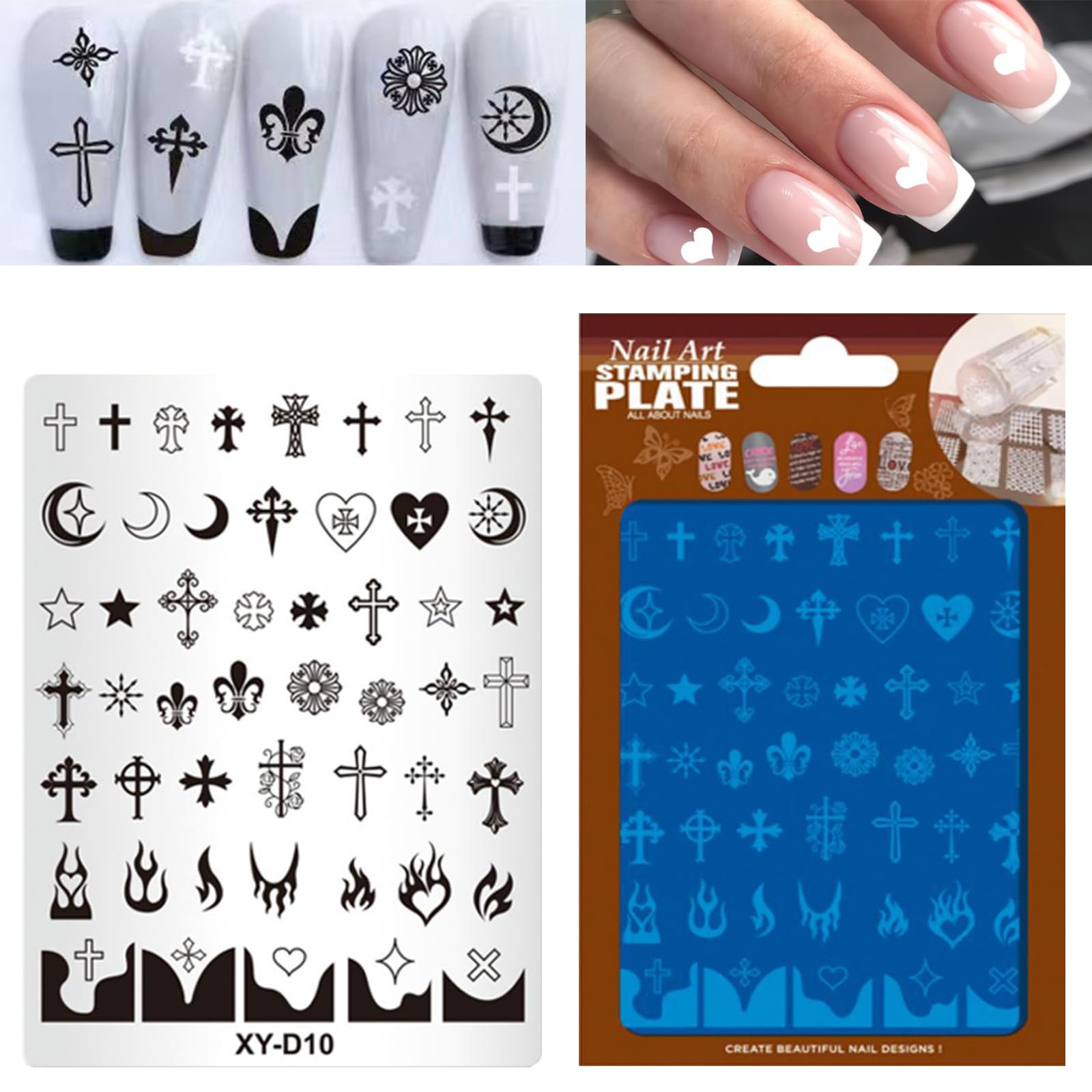 BlueZOO Nail Stamping Plates Set, Moon Star Cross Heart French Line Wave Strips Plants Nail Art Image Stamp Templates Reusable M
