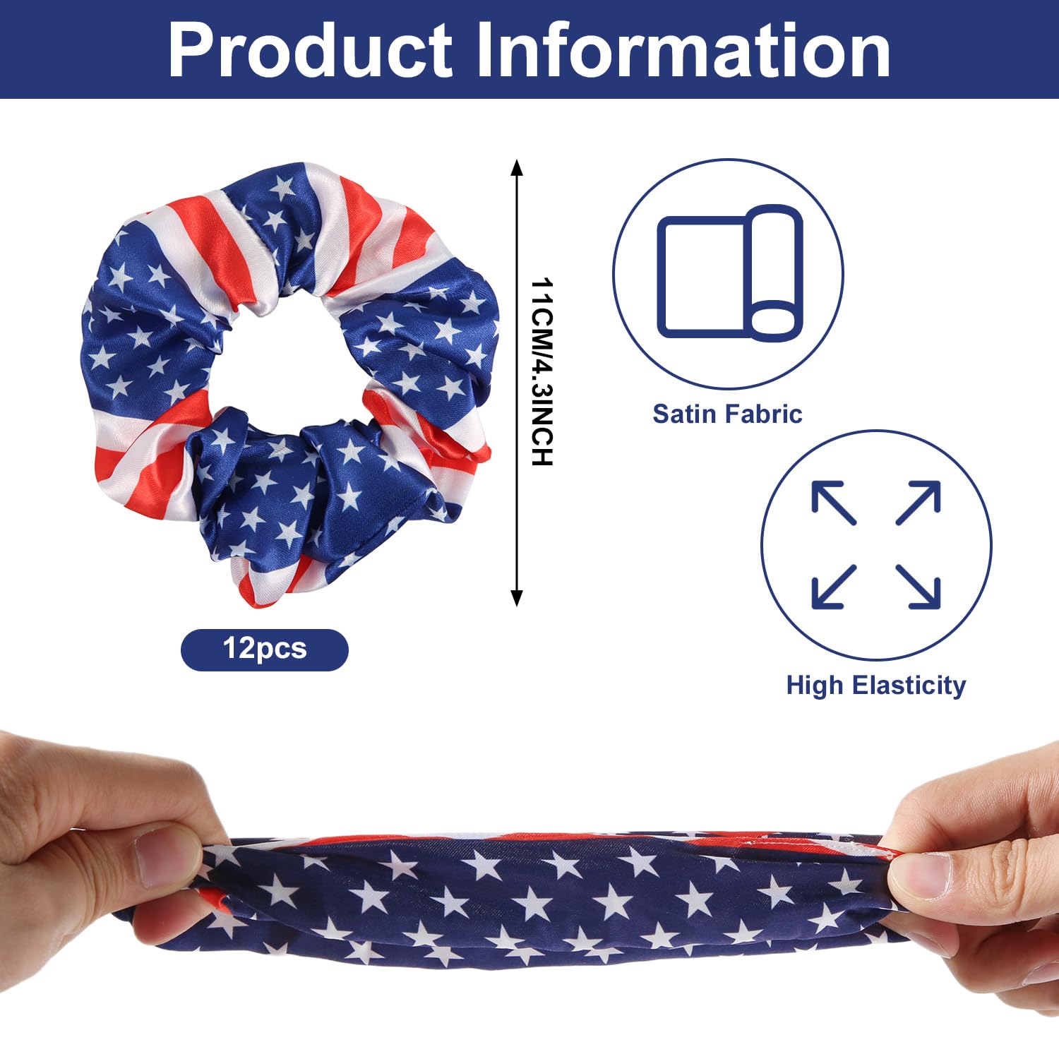 12pcs Patriotic Elastic Hair Band, Girls Women Red White and Blue Scrunchies Accessories Patriotic Ponytail Bands American Flag