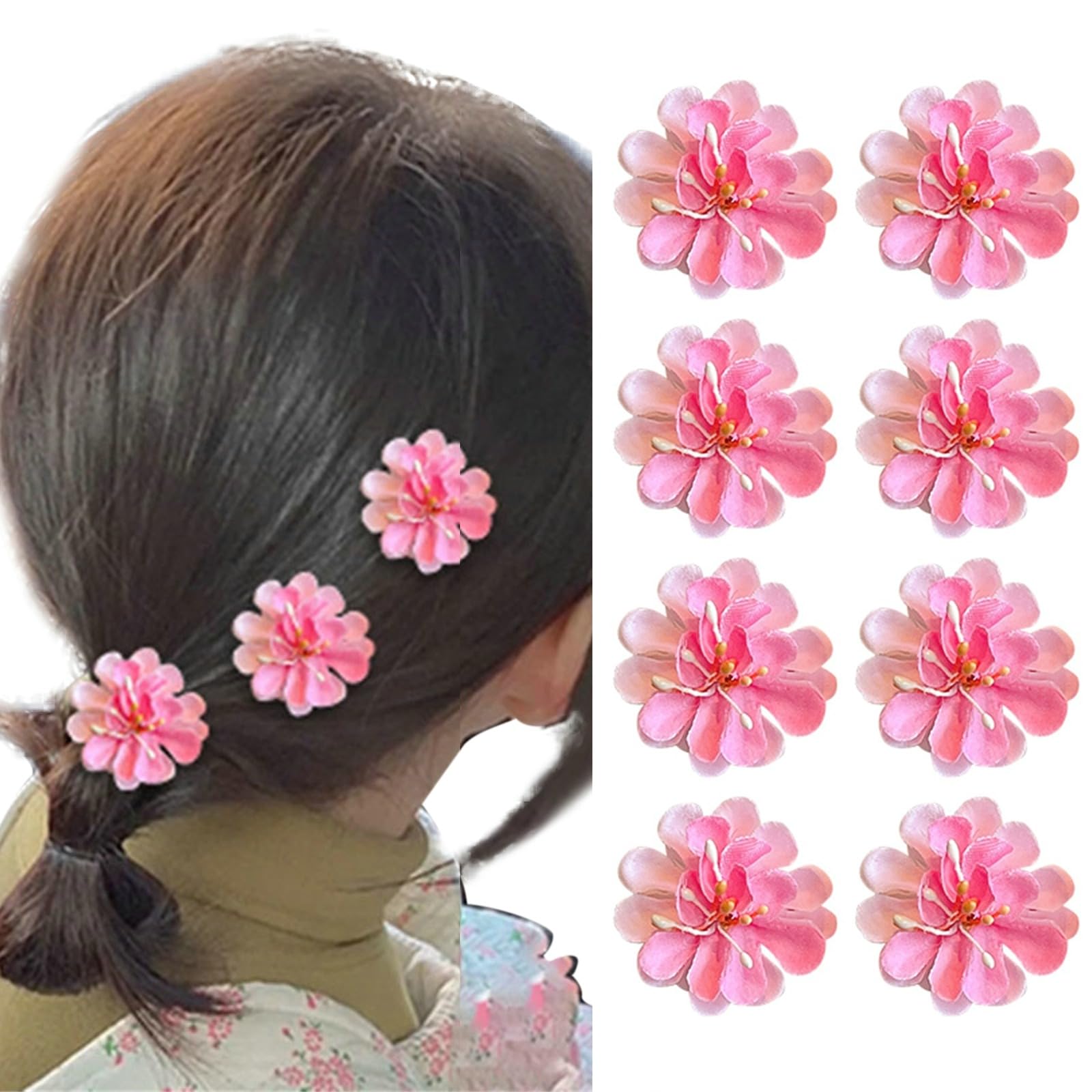Paderison 8Pcs Red Small Flower Hair Clips for Girls Small Hair Clips Mini Hawaiian Hair Clip Sweet Side Clips Chiffon Hair Barr