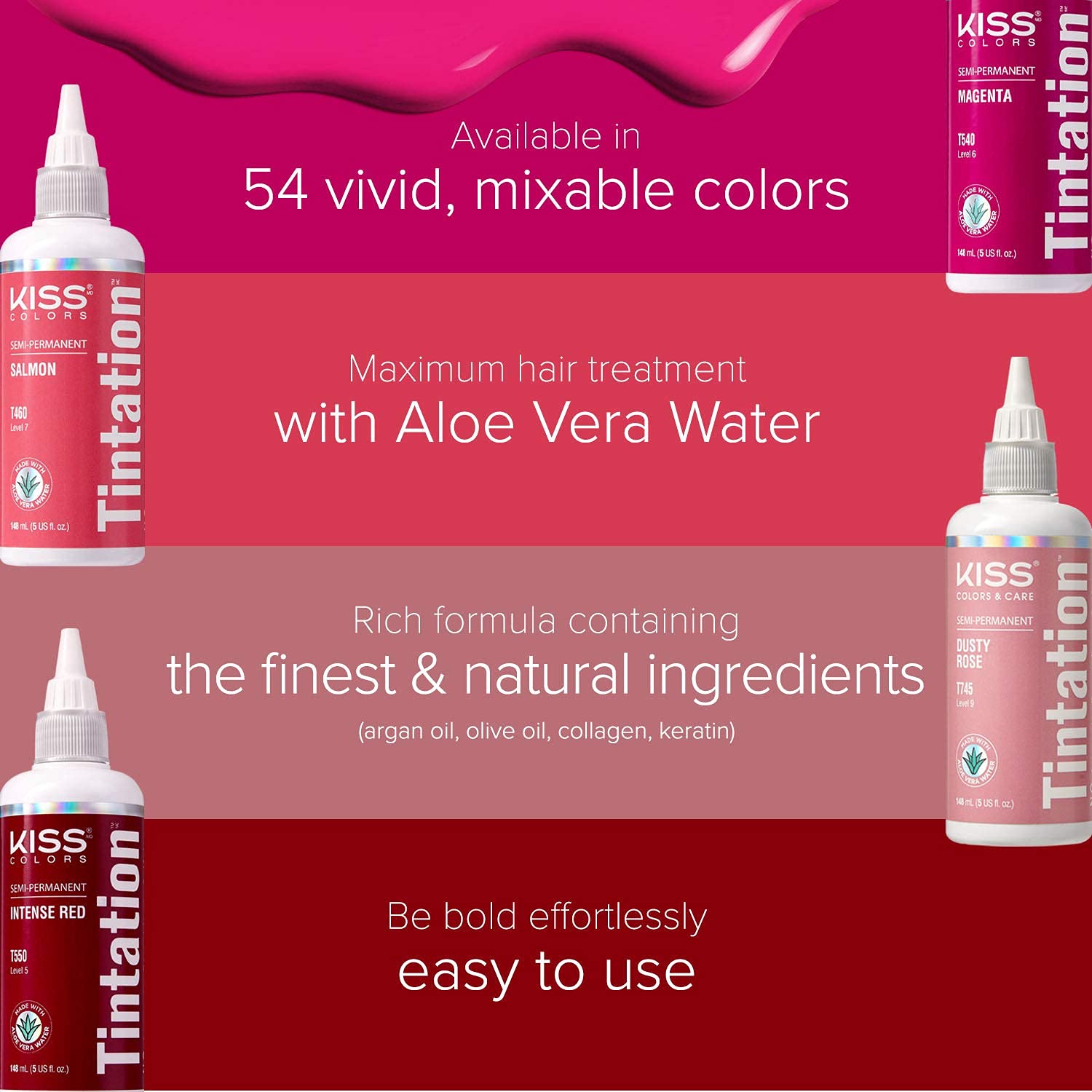 Red By Kiss Tintation Semi-Permanent Hair Color, Aloe Vera Water Based, Argan Oil, Olive Oil, Collagen & Keratin, Long-Lasting C