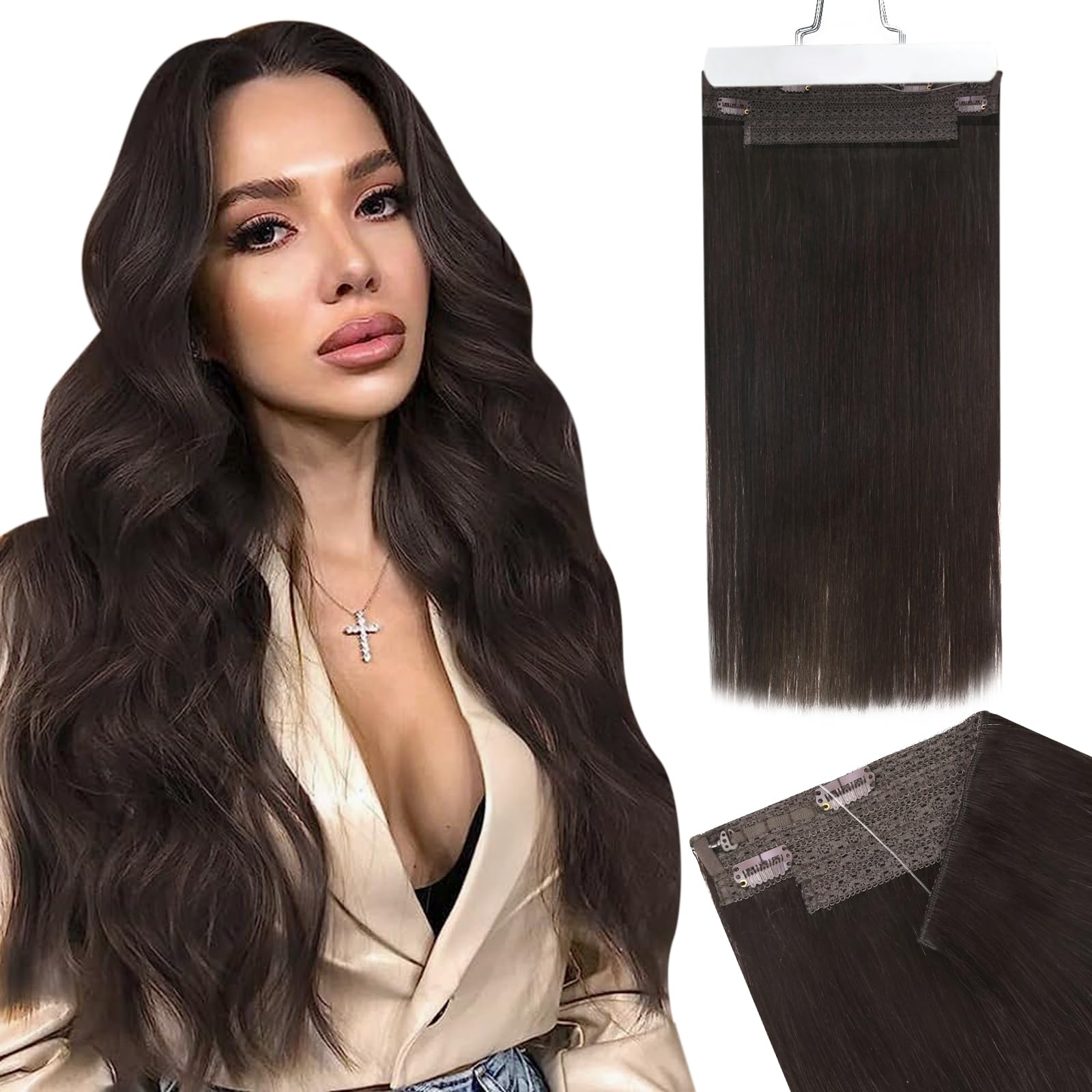 Ugeat Brown Hair Extensions Invisible Wire Hair Extensions Real Human Hair #2 Brunette Hair Extensions Straight Wire Human Hair 