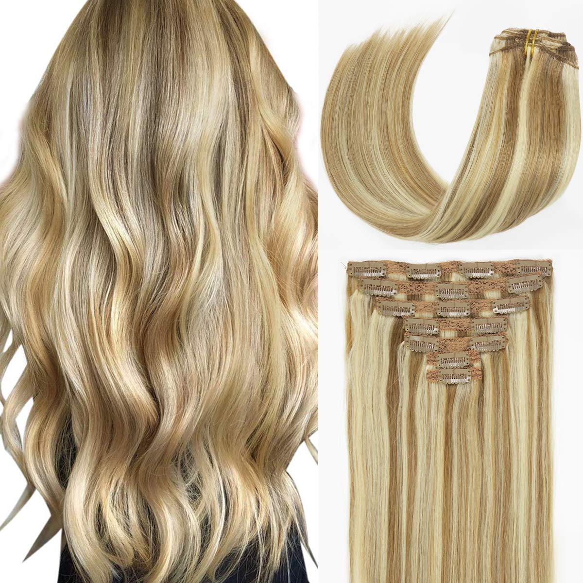 Caliee Human Hair Clip in Hair Extensions Highlight Golden Brown #10 and Bleach Blonde #613 Real Human Hair Silky Straight Clip 