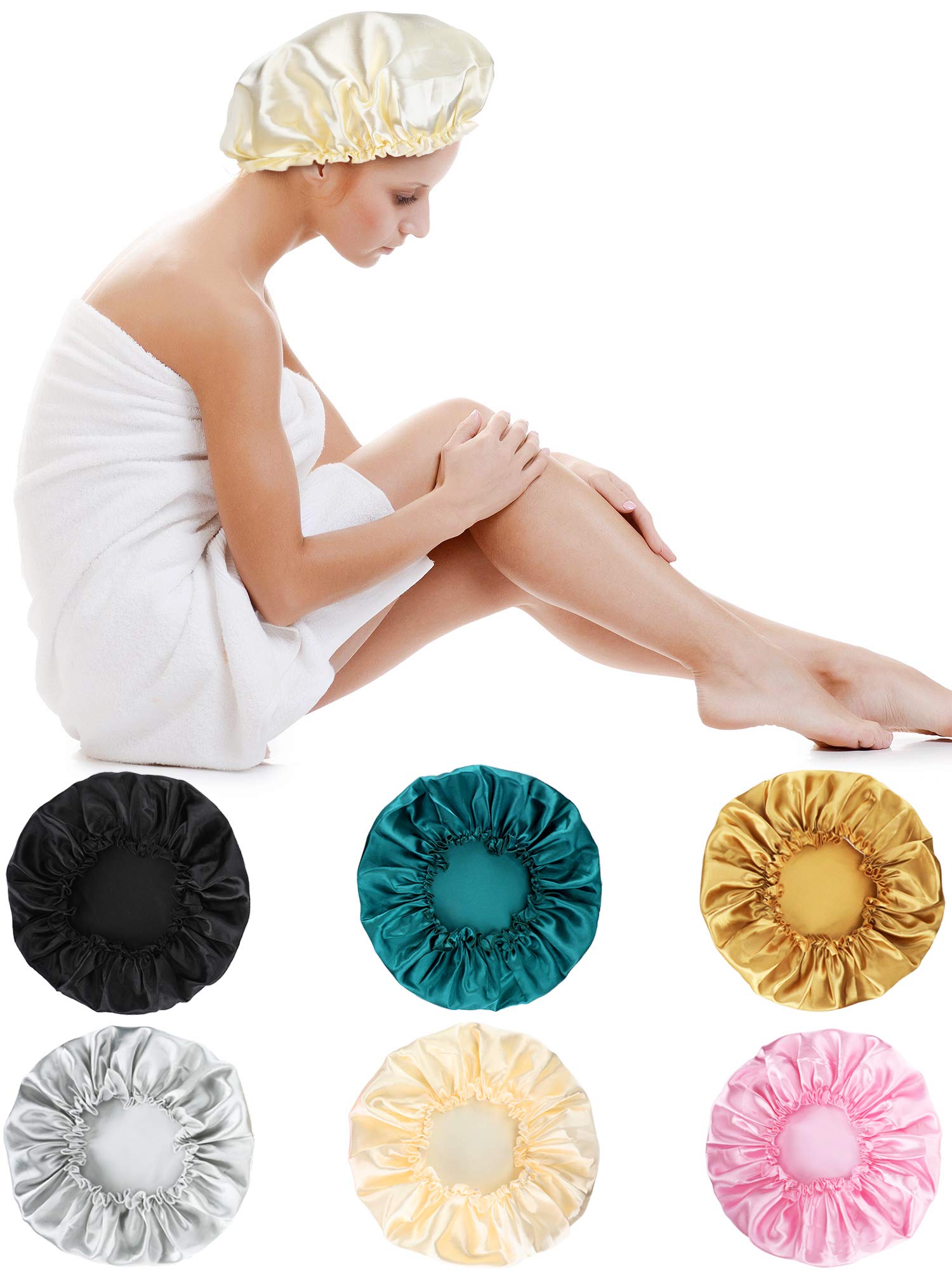 6 Pieces Sleep Cap Satin Bonnet Sleeping Hat Soft Elastic Night Hair Cover For Women Girls (Black, Beige, Silver, Gold, Pink, Pe