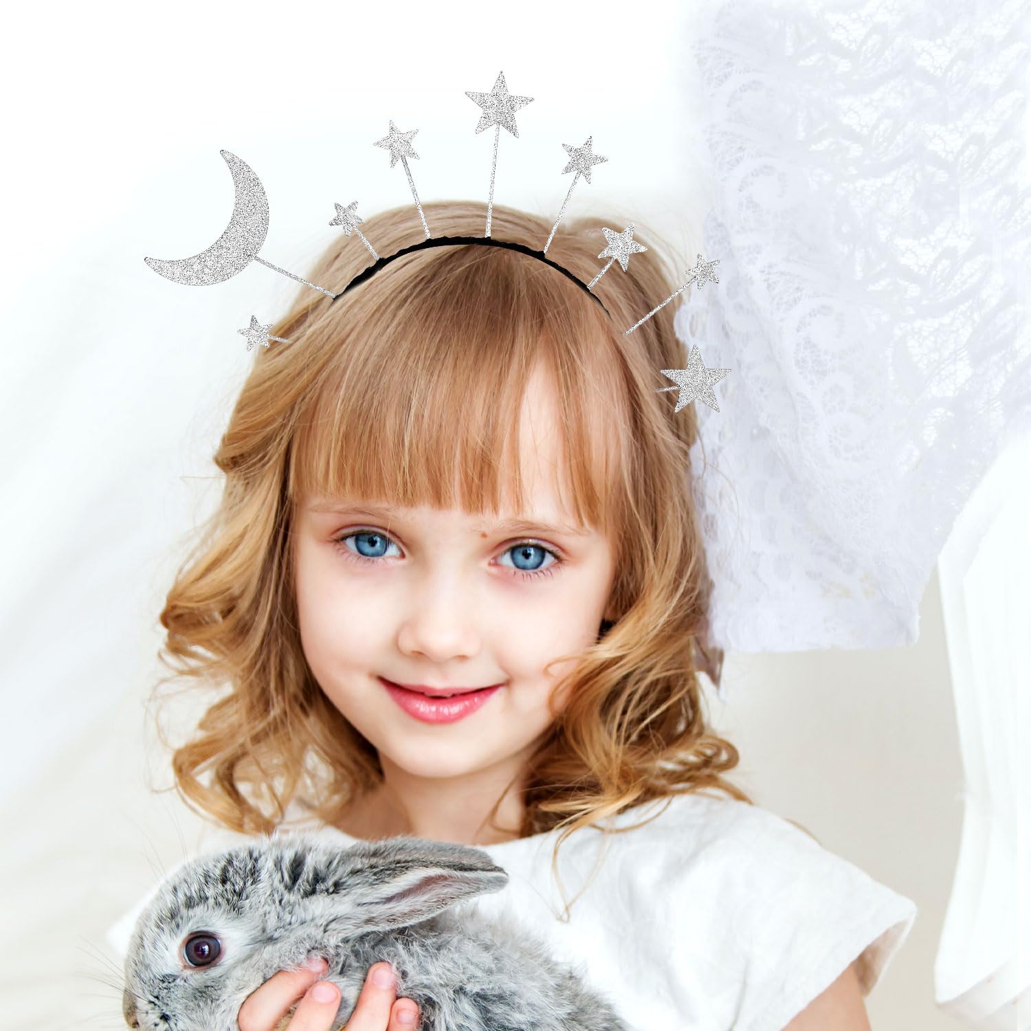 XIHIRCD 2pcs Star Moon Headband, Glitter Sliver Star Halo Headband Alloy Star Hair Hoop Shiny Goddess Star Headpiece Hair Access
