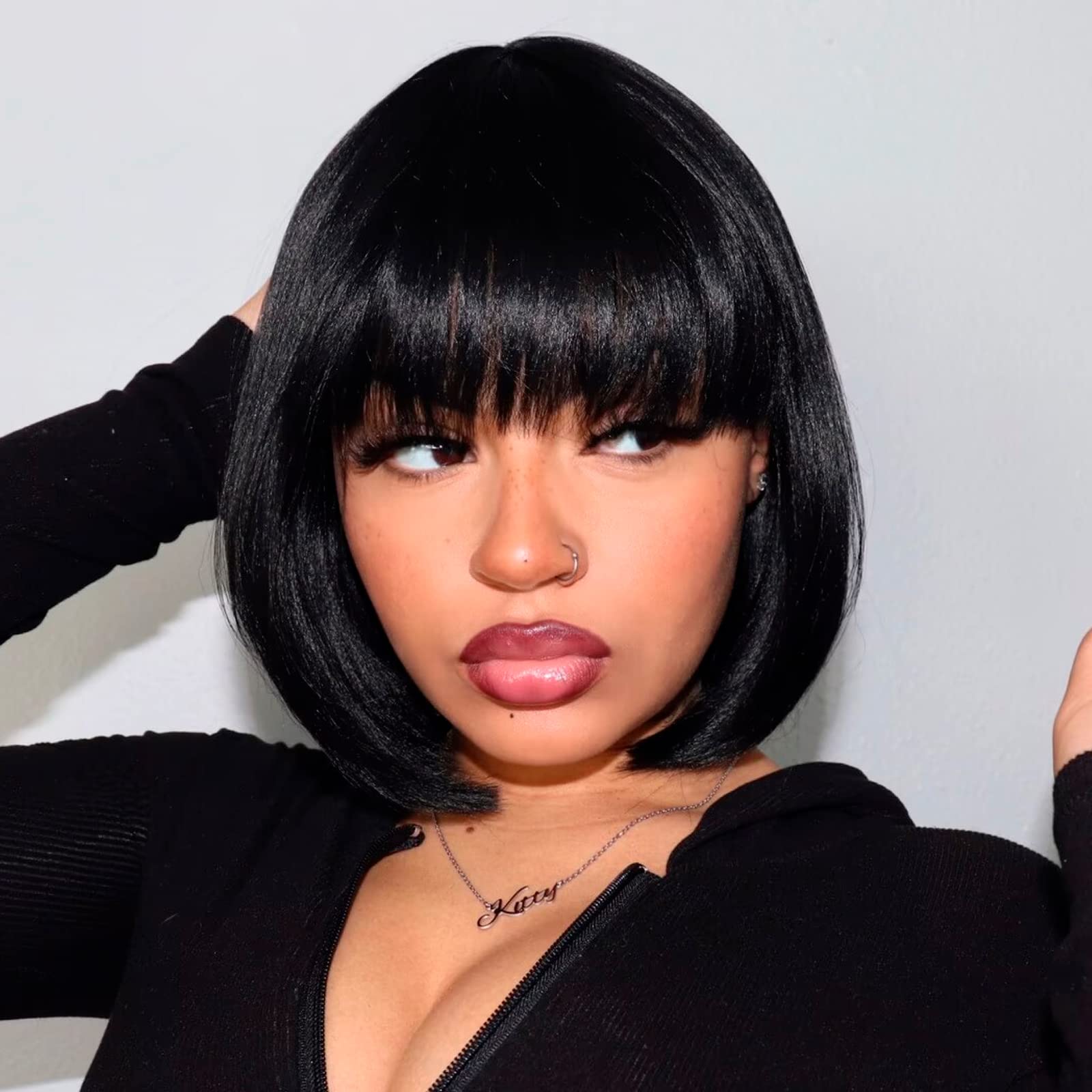 Toyotress Short Bob Wigs With Bangs - 12 Inch Jet Black Yaki Straight Hair Daily Costume Wig For Black Women, Soft Light Synthet