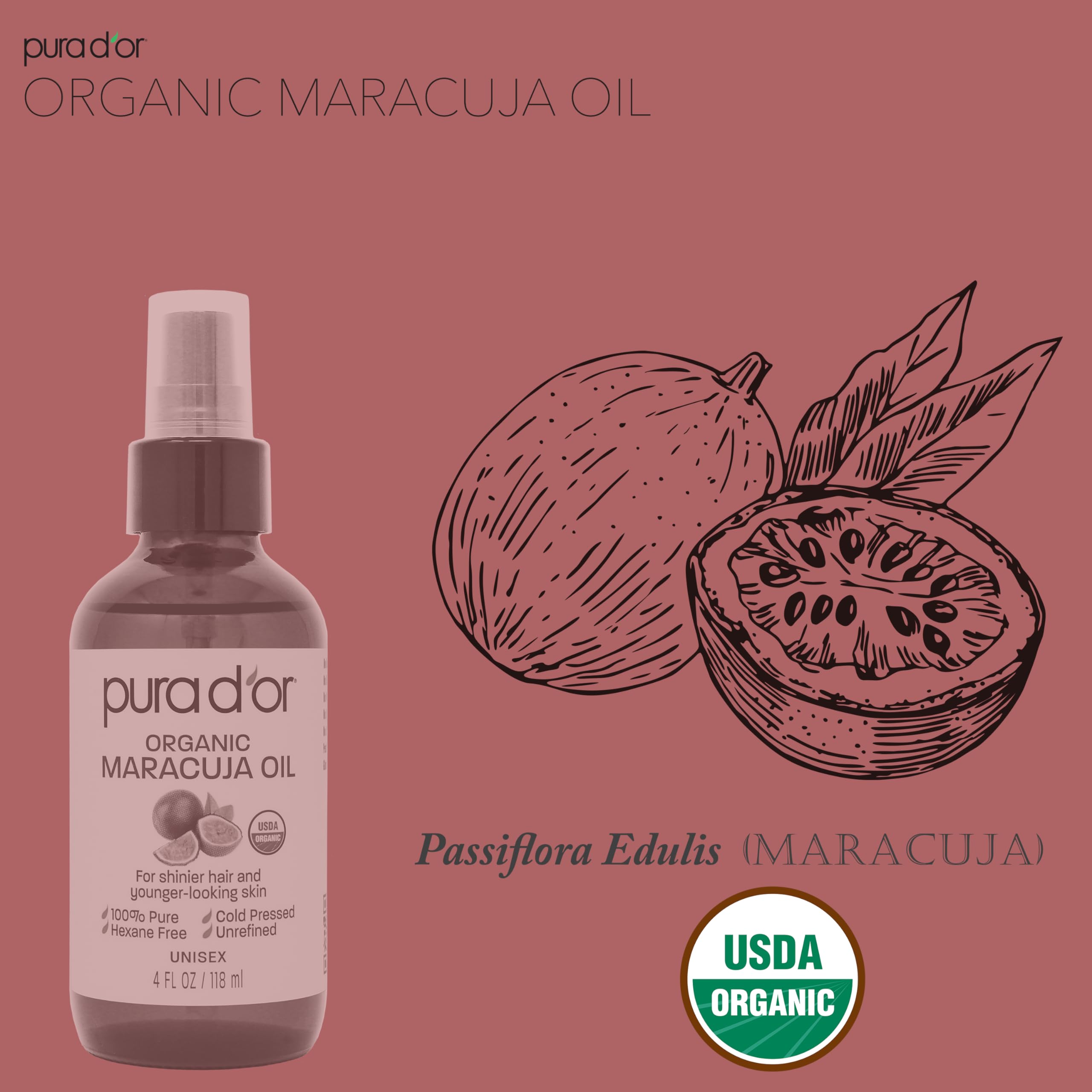 Pura D'Or 4 Oz Organic Maracuja Oil - Passion Fruit Seed Oil - 100% Pure Usda Certified Premium Grade Cold Pressed Body Oil For