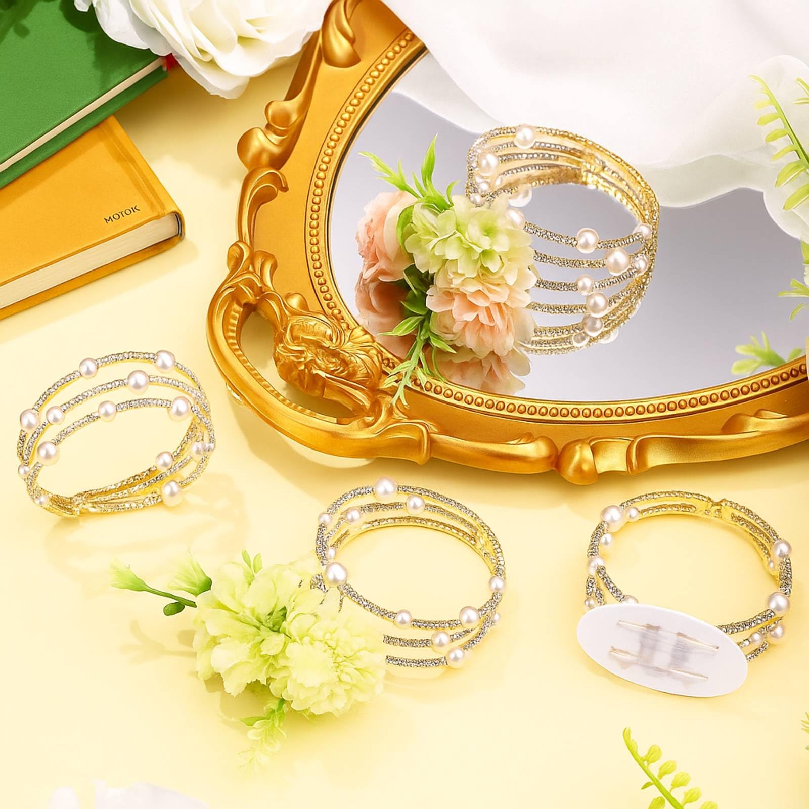 Hotop 4 Pcs Corsage Wrist Bracelet Bands Bride Pearl Rhinestone Bracelet Elastic Wrist Corsage DIY Wedding Wristband Faux Pearl