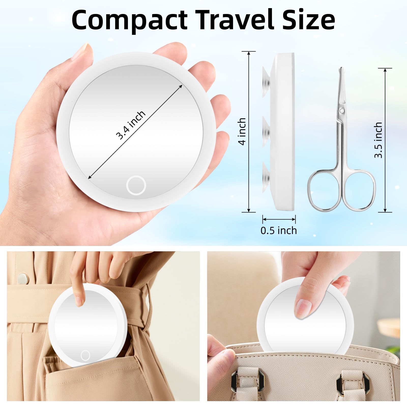 Compact Led Magnifying Mirror, 10X Magnifying Mirror With Lights, 10X Travel Magnified Mirror With Suction Cups, 4'' Pocket Magn