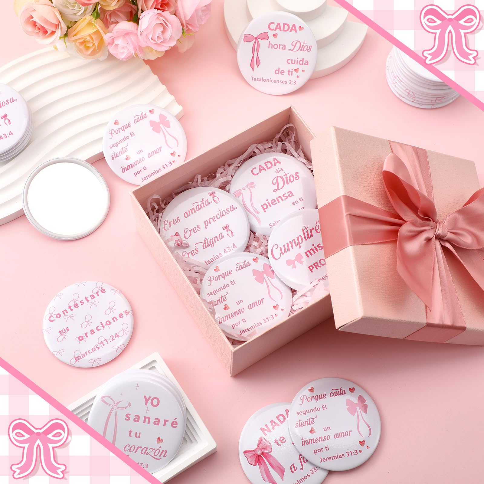 Namalu 48 Pcs Pink Bow Coquette Mini Pocket Mirrors Breast Cancer Awareness Inspirational Christian Gifts Bulk for Women Portabl