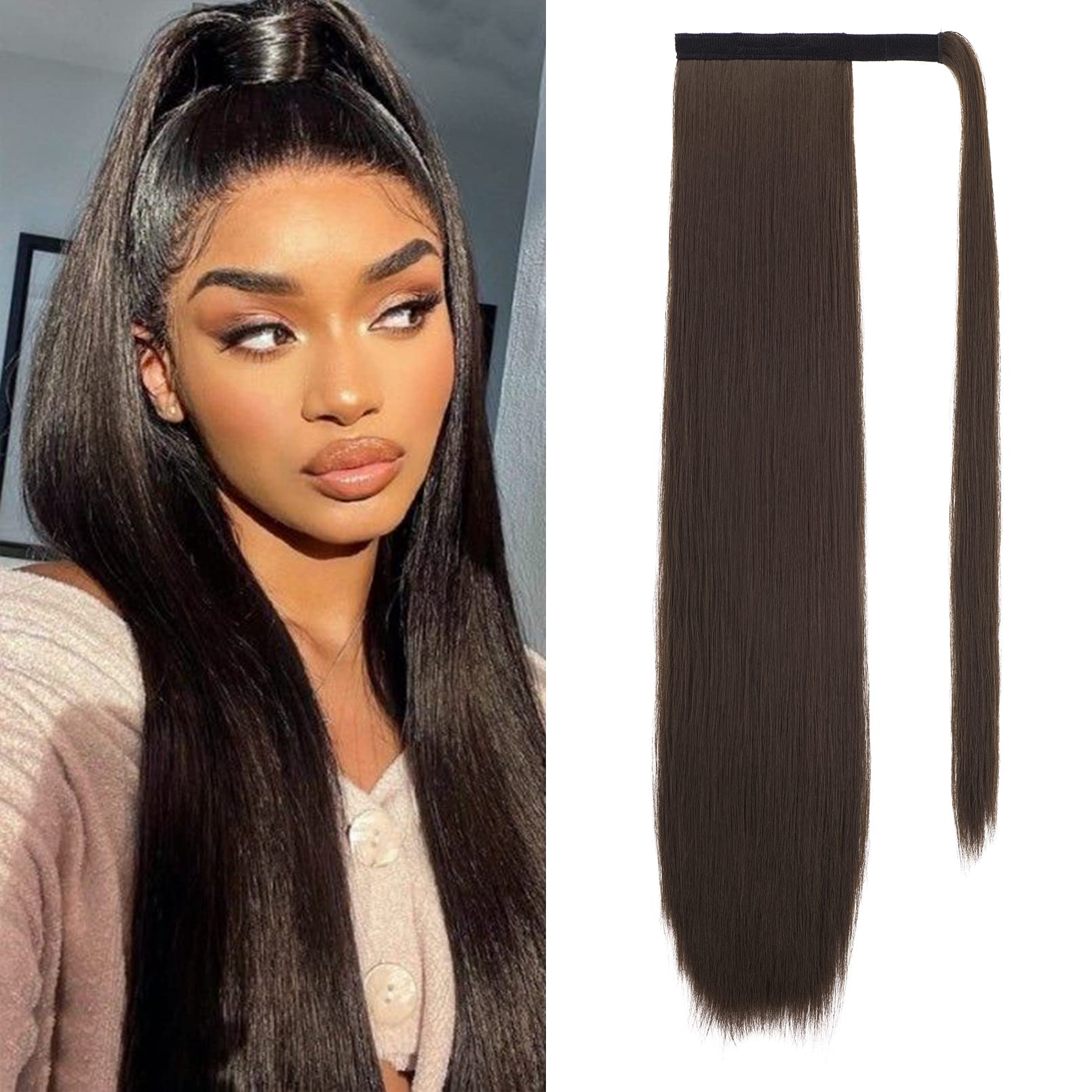SEIKEA Clip in Ponytail Extension Wrap Around Straight Hair for Women (28 '', Dark Chocolate Brown)