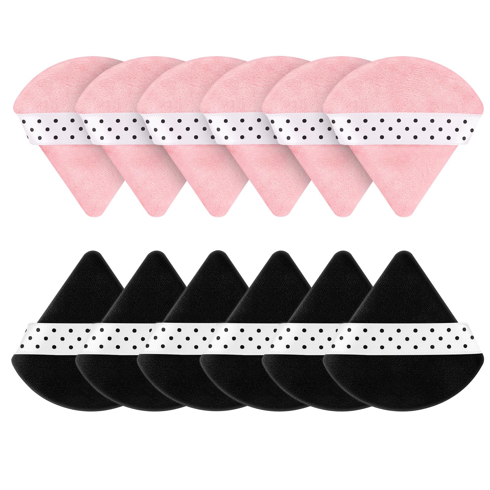 12 Pack Powder Puffs Triangle with Polka Dot Ribbon, Pink Black Velour