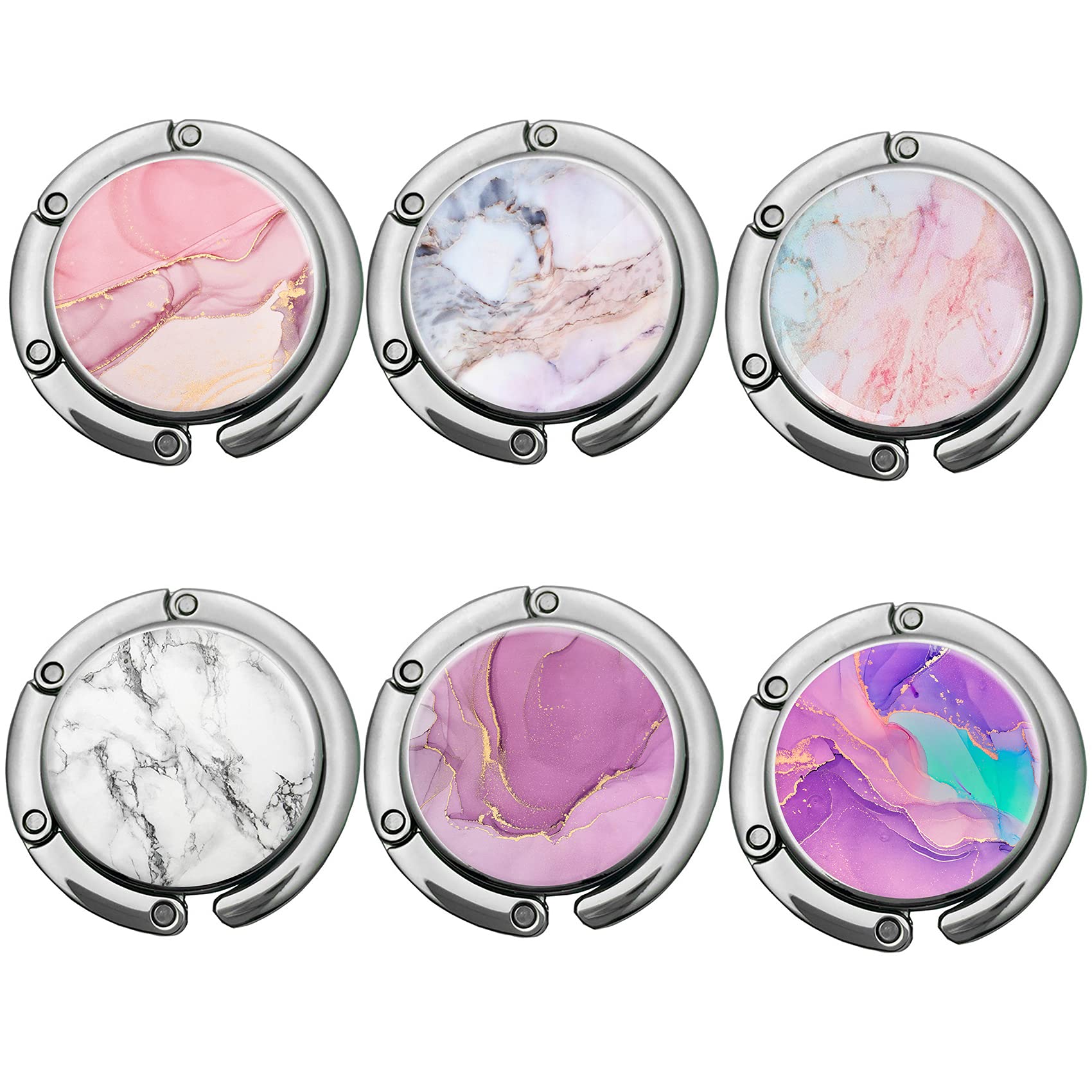Foldable Purse Hook Womens Bag Table Hanger Collection Desk Hooks for Purse (6pack Pretty Marble Hook)