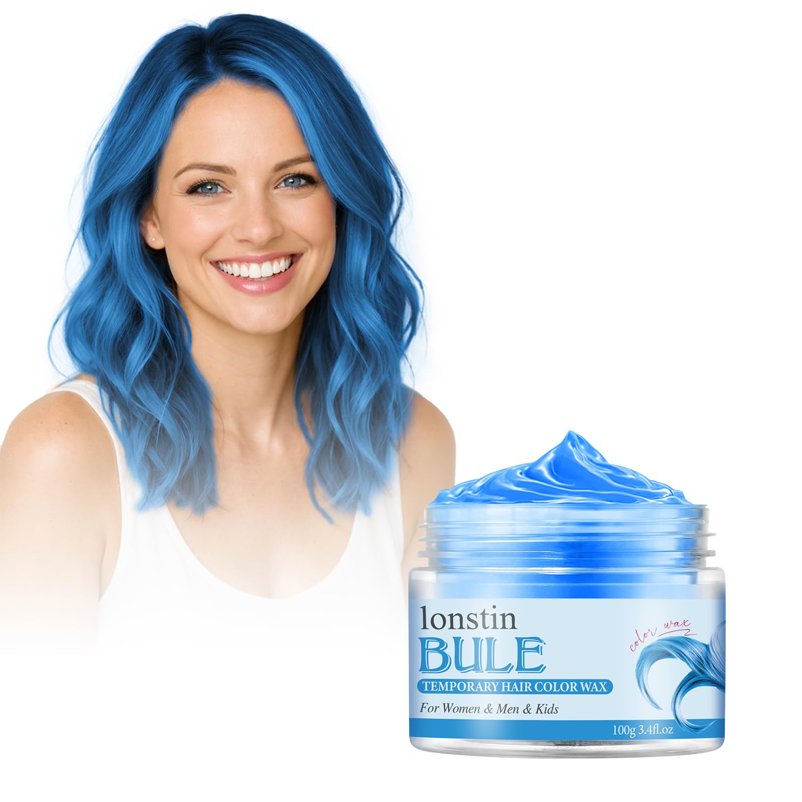 lonstin Blue Temporary Hair Color Wax, Wash Out Hair Wax Color for Women Men Teens, Natural NonSticky Instant Hair Dye Styling 