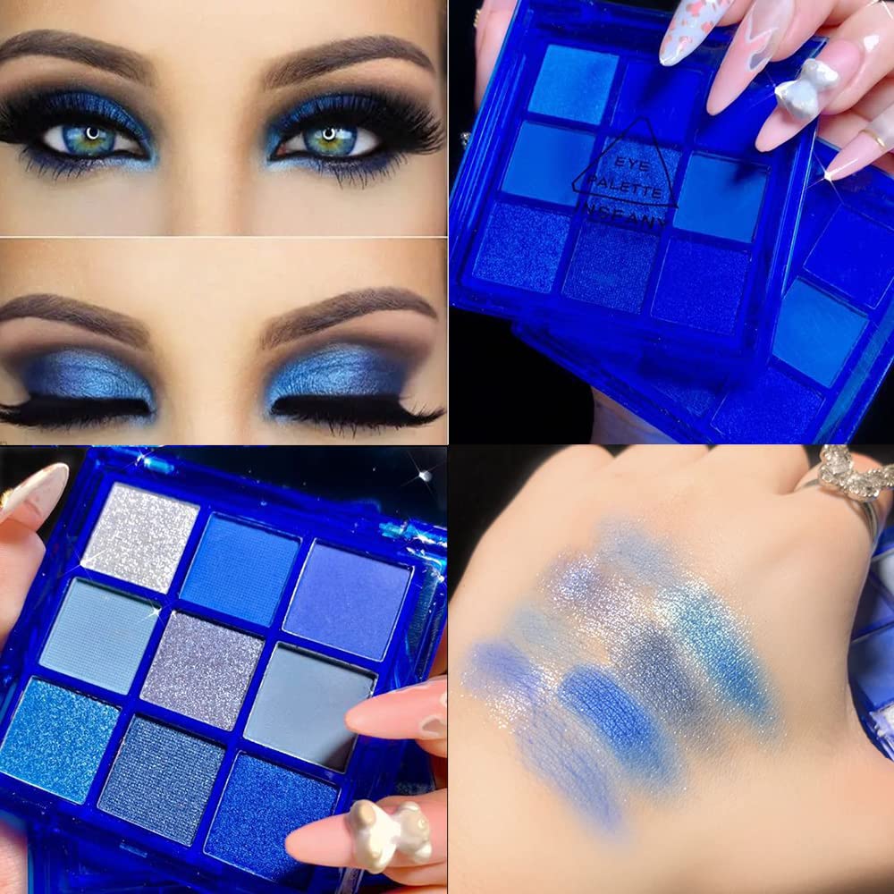 Yeweian Blue Eyeshadow Palette, 9 Colors Glitter Matte Eyeshadow Makeup Palette,Silver Grey Light Blue Eyeshadow Palette, Highly
