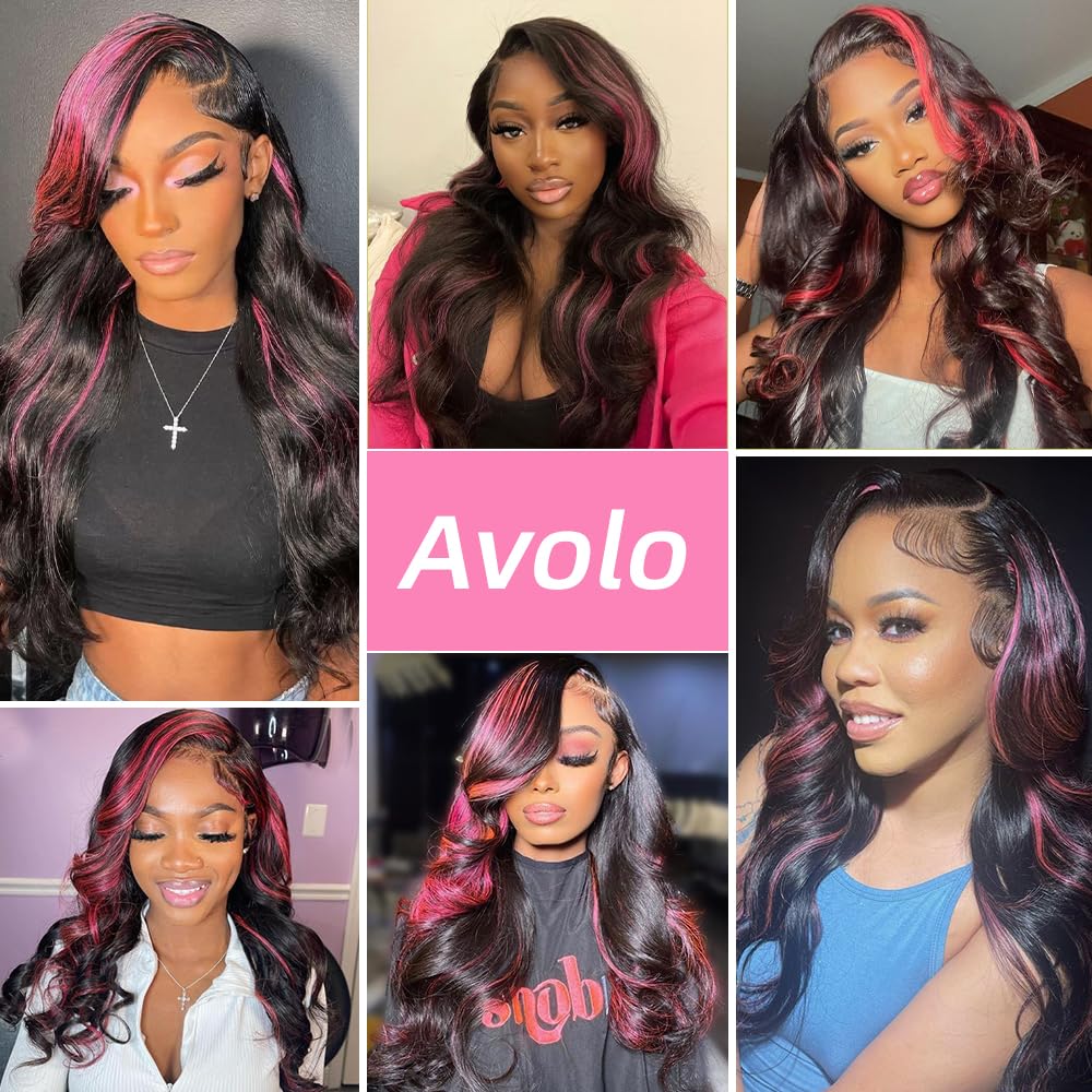 Avolo Ombre Lace Front Wig Human Hair Pre Plucked 13X4 1B/Pink Body Wave Skunk Stripe Pink Highlight Lace Front Wig Human Hair C