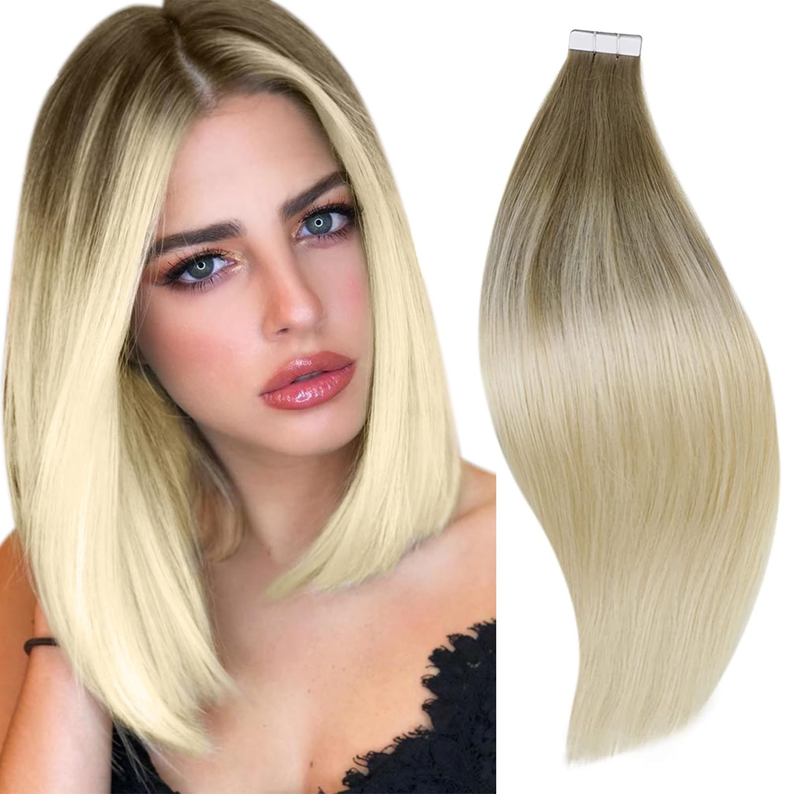 Runature 22 Inch Human Hair Tape In Extensions Long Tape In Hair Extensions Human Hair Ombre Ash Brown Fading To Platinum Blonde