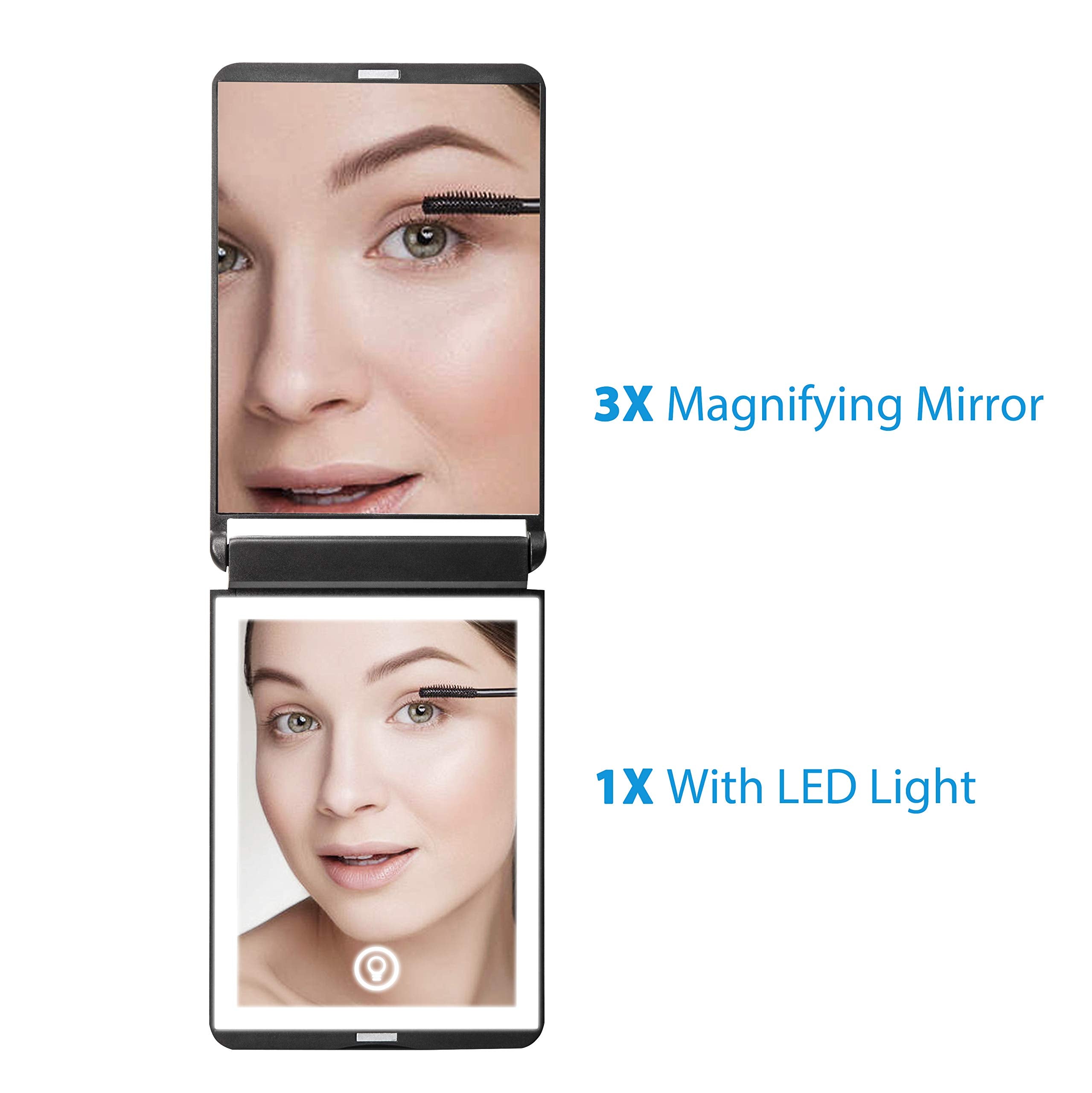 Wobsion Travel Mirror With Light, Rechargeable Lighted Compact Mirror, 1X/3X Magnifying Mirror With 23 Leds,300   Flip Folding P