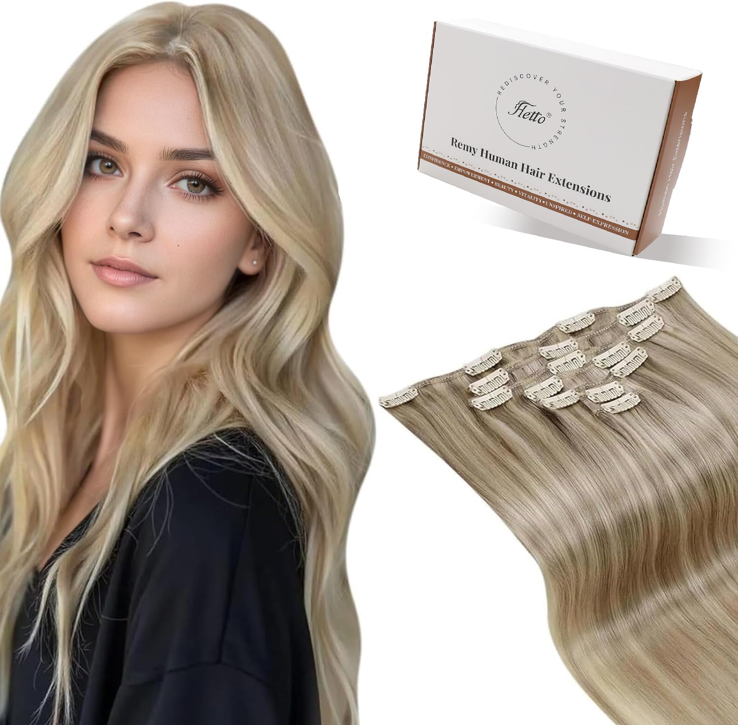 Hetto Clip in Hair Extensions Human Hair Dirty Blonde Highlighted Platinum Blonde Clip in Extensions 18 Inch 7pcs 120g