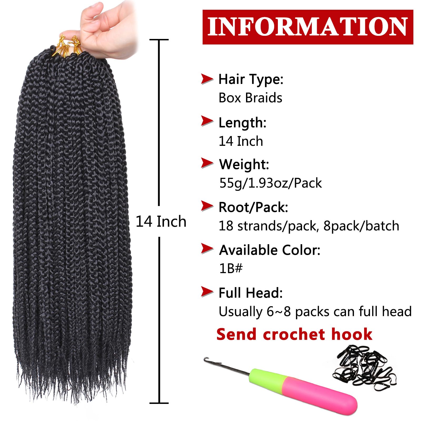 Xtrend 14 Inch 8 Packs Box Braids Crochet Hair Pre-Looped Knotless Medium Box Braids 3X Bohemian Braiding Hair Extensions Synthe