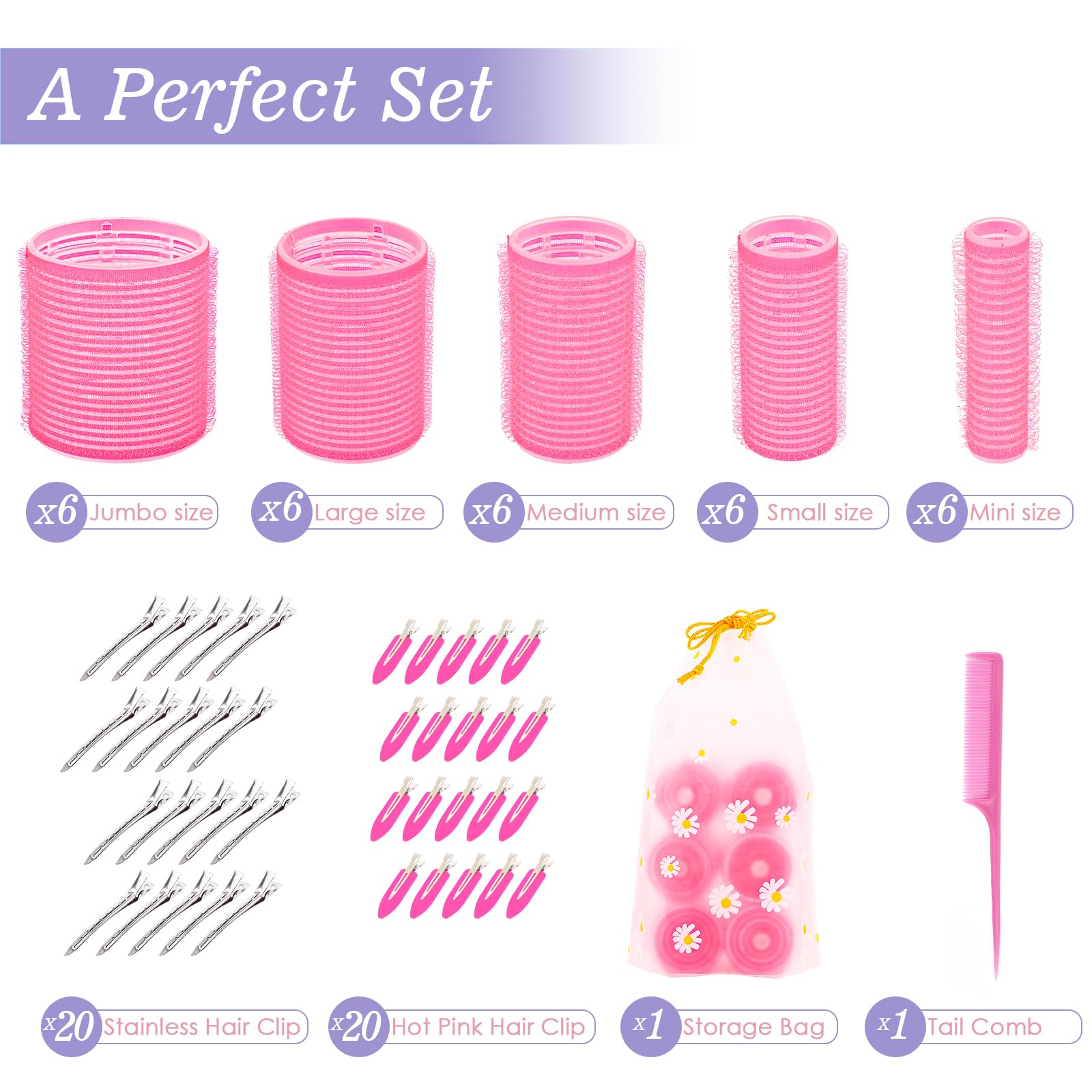 72Pcs Hair Rollers Set, 5 Size, Self Grip Hair Curlers For Blowout Look Long Medium Short Hair And Thick, Fine Hair Volume And B