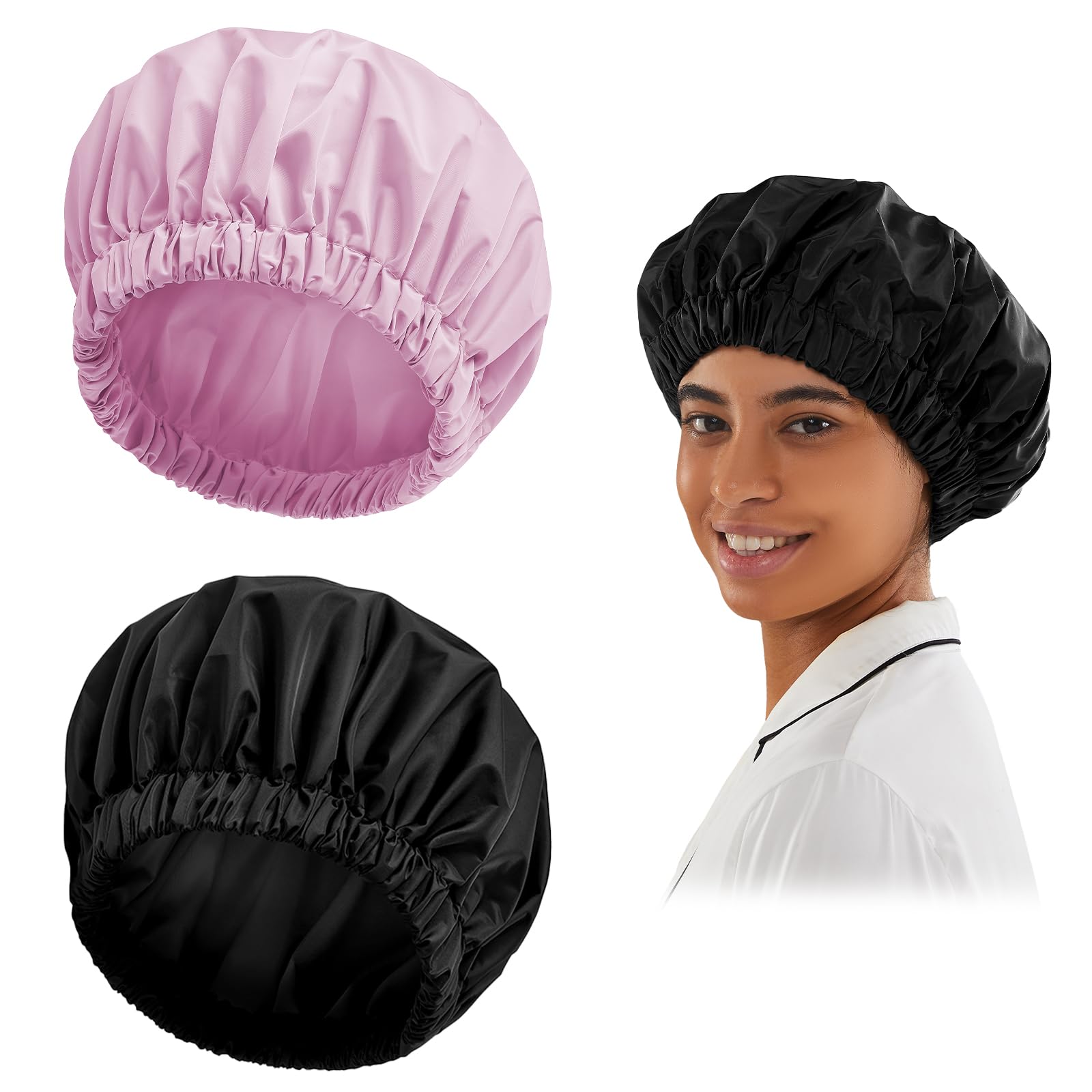 Reusable Shower Cap For Women, Large Waterproof Shower Bonnet Washable Elastic Band Bath Hair Hat For Long Hair, Braids(Black&Pu