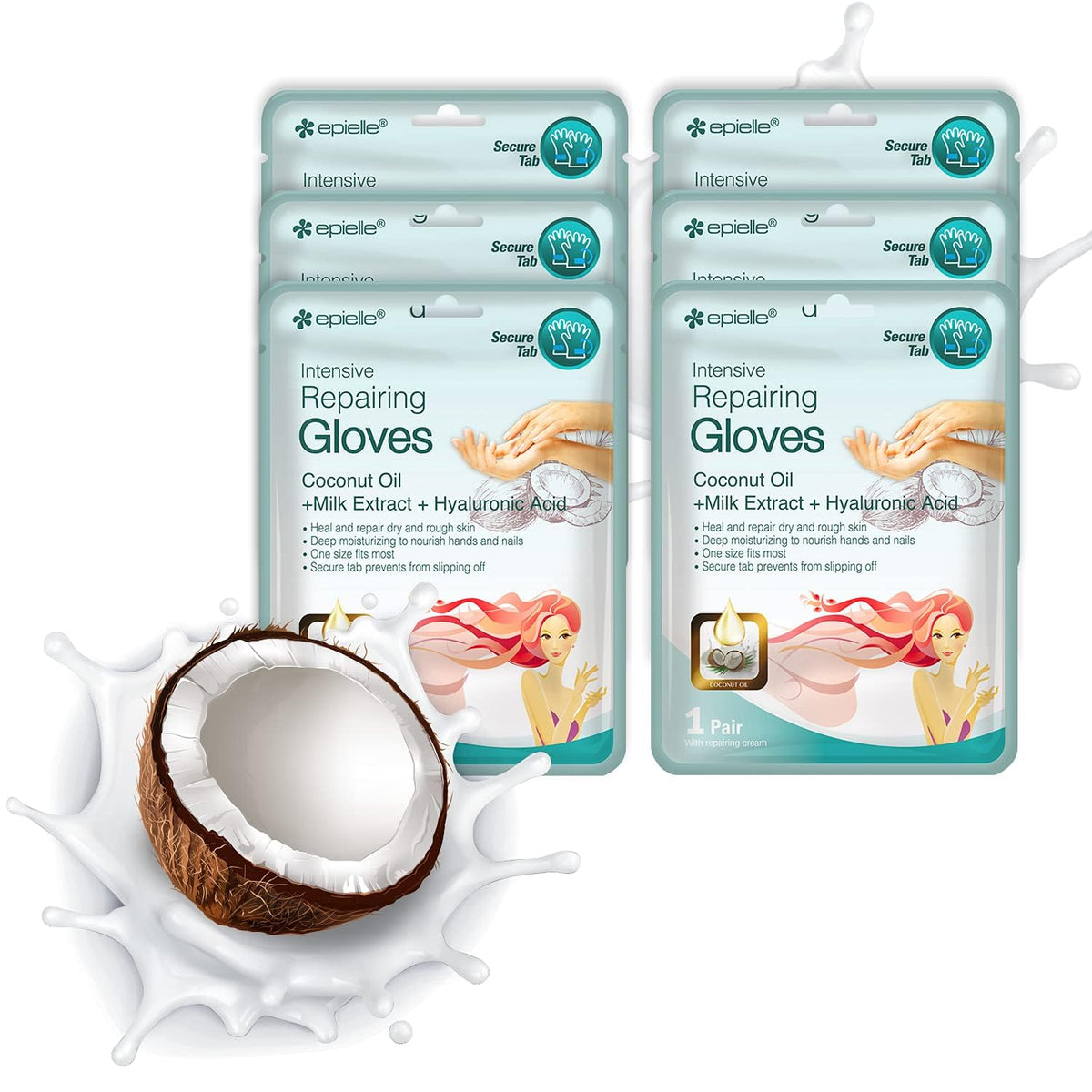 Epielle Intensive Repairing Hand Masks (Gloves-6Pk) For Dry Hands Spa Masks Hand Cream & Lotion | Coconut Oil + Milk Extract + H