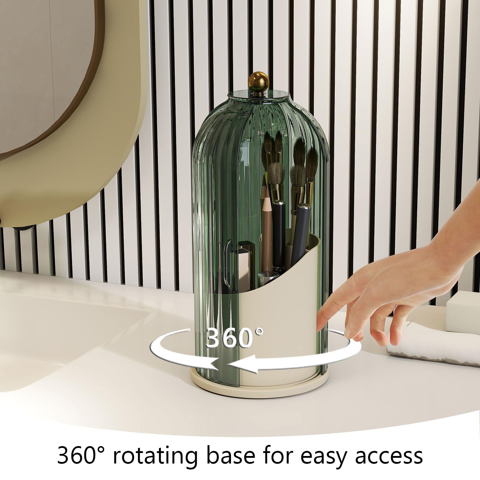 Emljkvp Makeup Brush Holder With Dustproof Cover 360 Rotating Makeup Brush Organizer For Vanity Bathroom, Green