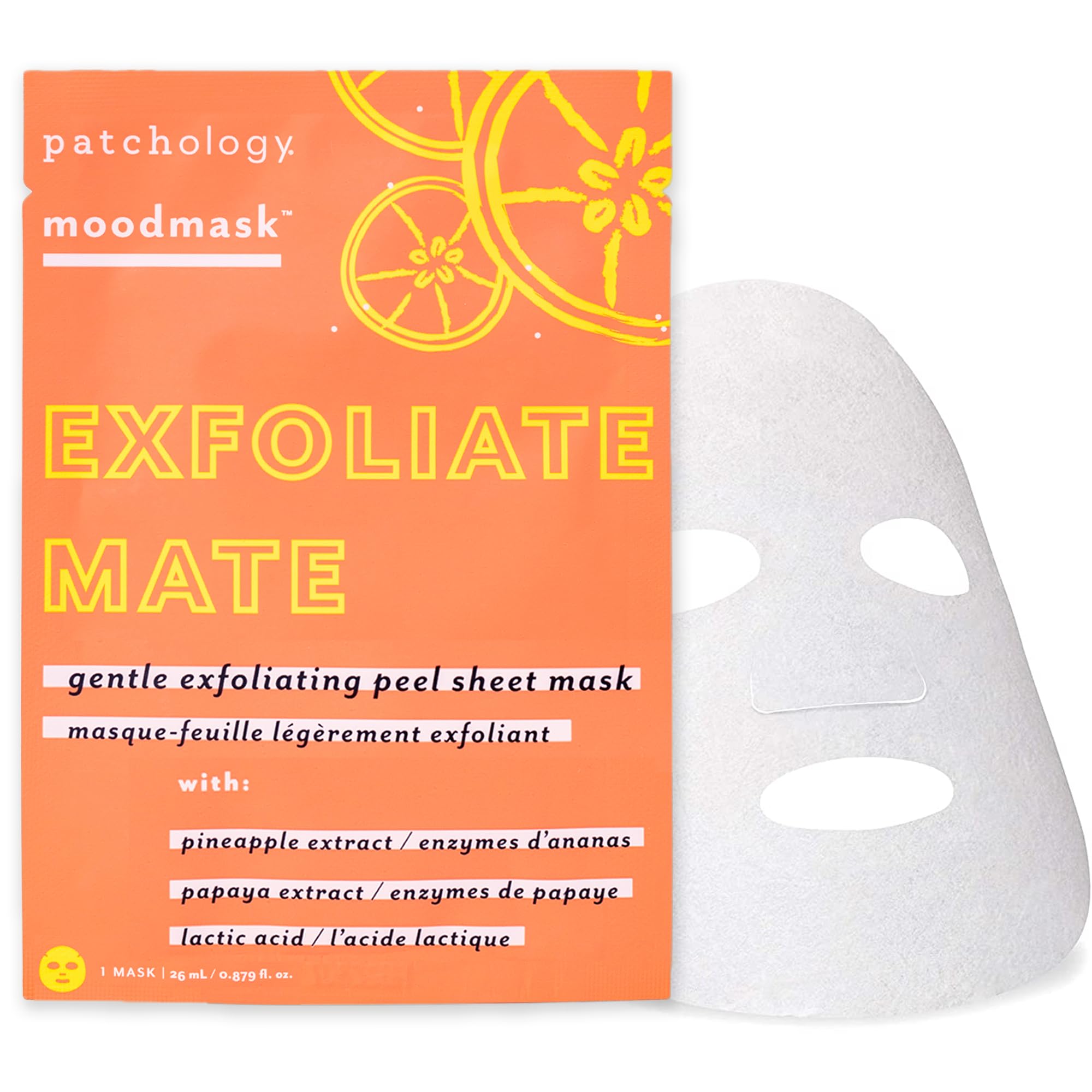 Patchology Exfoliating Face Mask - Exfoliate Mate Sheet Mask with Papaya and Pineapple gently unclogs pores and brightens skin, 