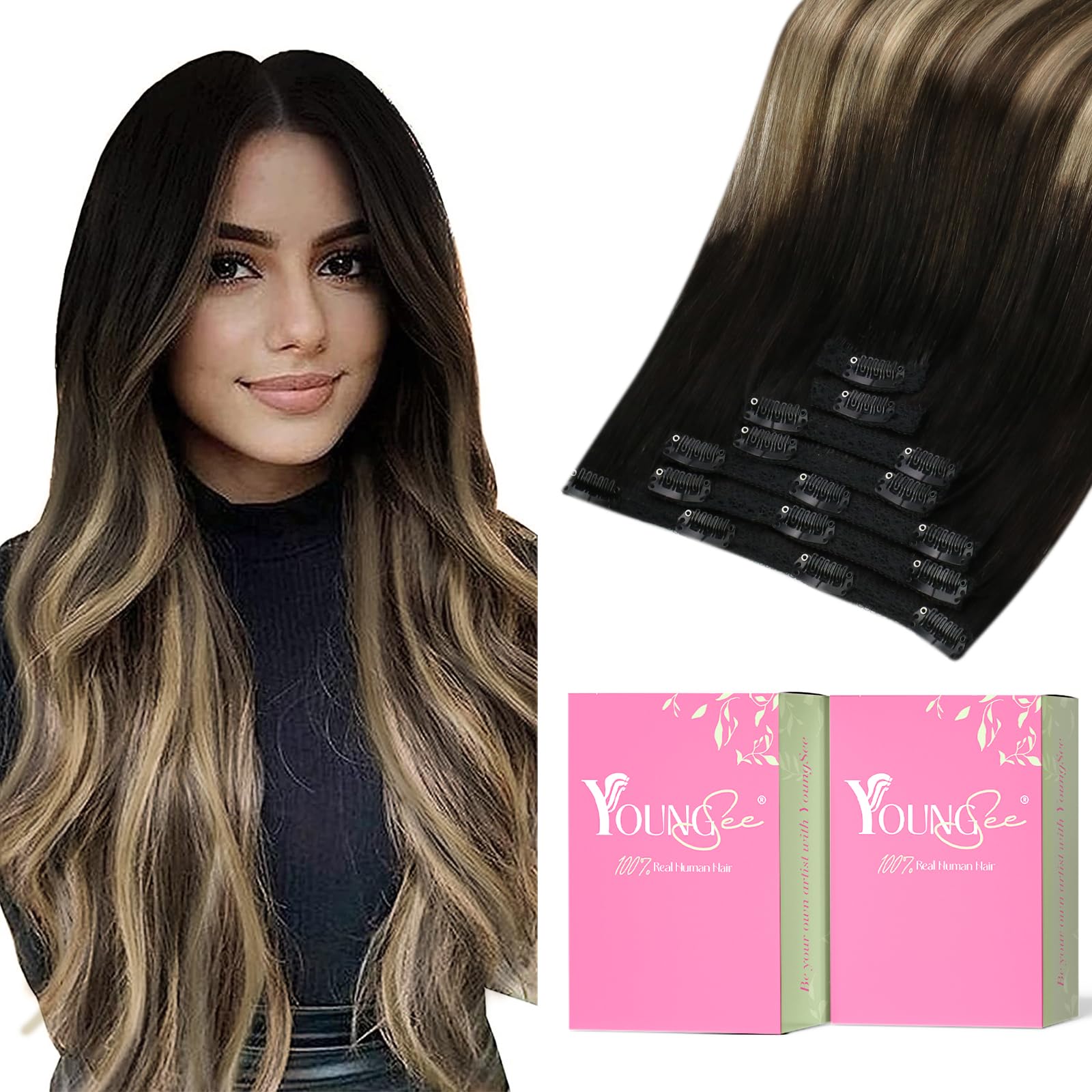 YoungSee 135G Clip in Human Hair Extensions Ombre Hair Extensions Clip ins Black Fading to Brown with Caramel Blonde Compatible 