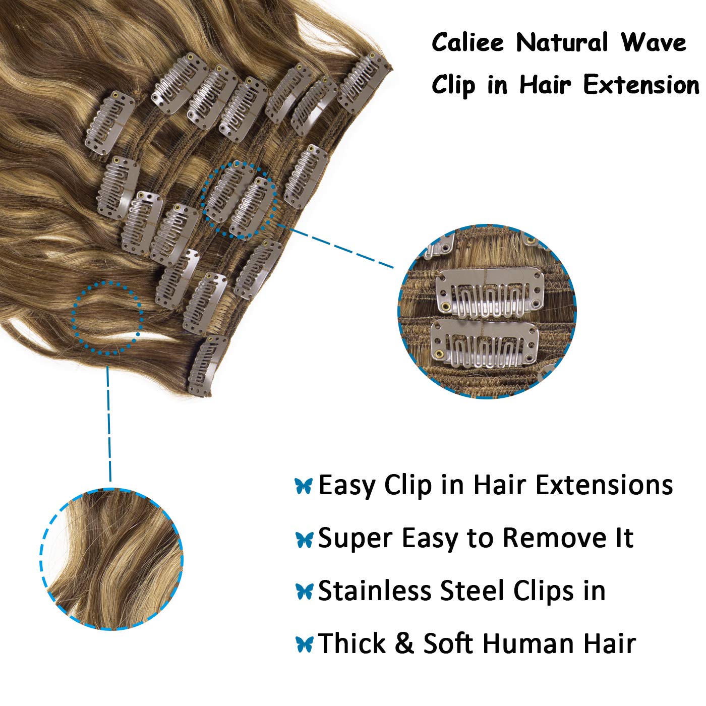 Caliee Curly Clip In Hair Extensions 20Inch Natural Wave Curly Thick End Full Head 8A Grade Remy Human Hair Extensions Highlight