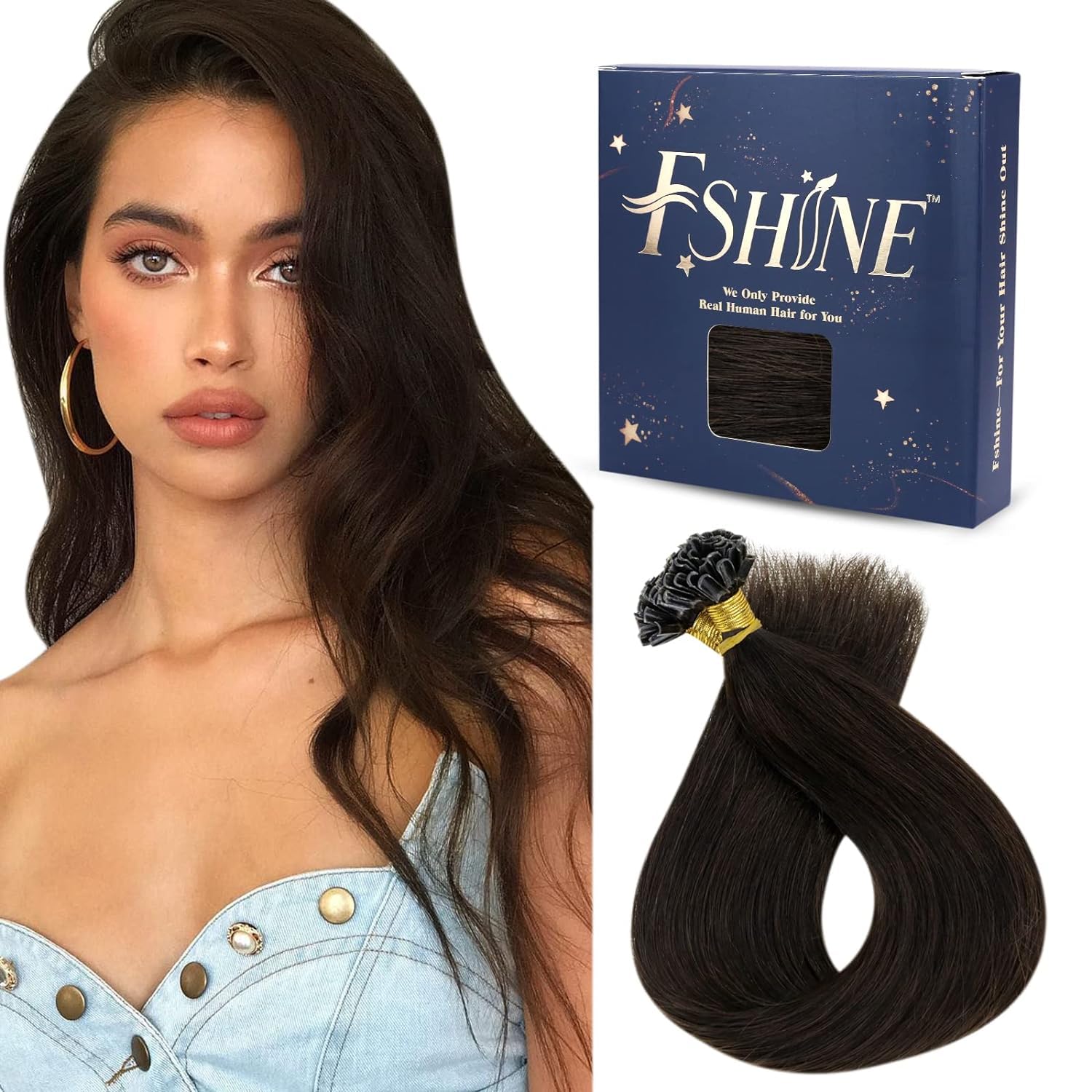 Fshine U tip Hair Extensions Human Hair Darkest Brown 16 Inch Nail Tip Hot Fusion Hair Extensions Real Human Hair K tip Hair Ext