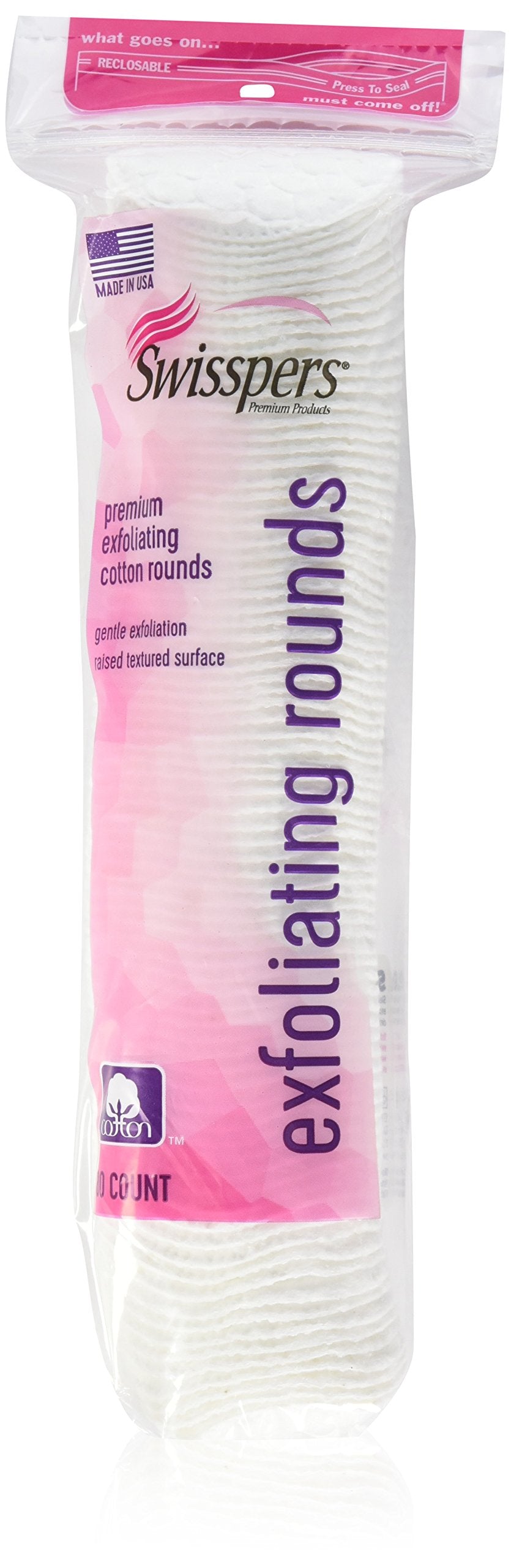 Swisspers Premium Exfoliating Rounds, 2 Distinct Raised Textured Surface, Cotton Facial Pads, 80 Count Re-Closable Bag