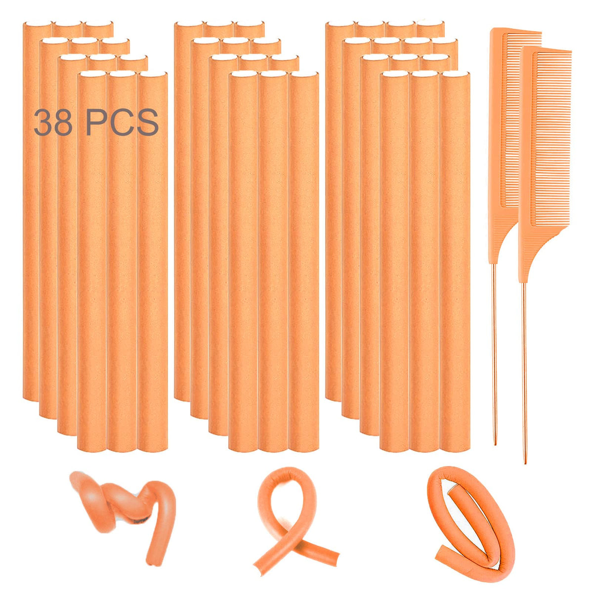 Flexible Hair Curlers, 38 PCs 9.45'' Soft Foam Twist Rods for Long Hair, No Heat Overnight Curls & 2 Steel Pintail Combs