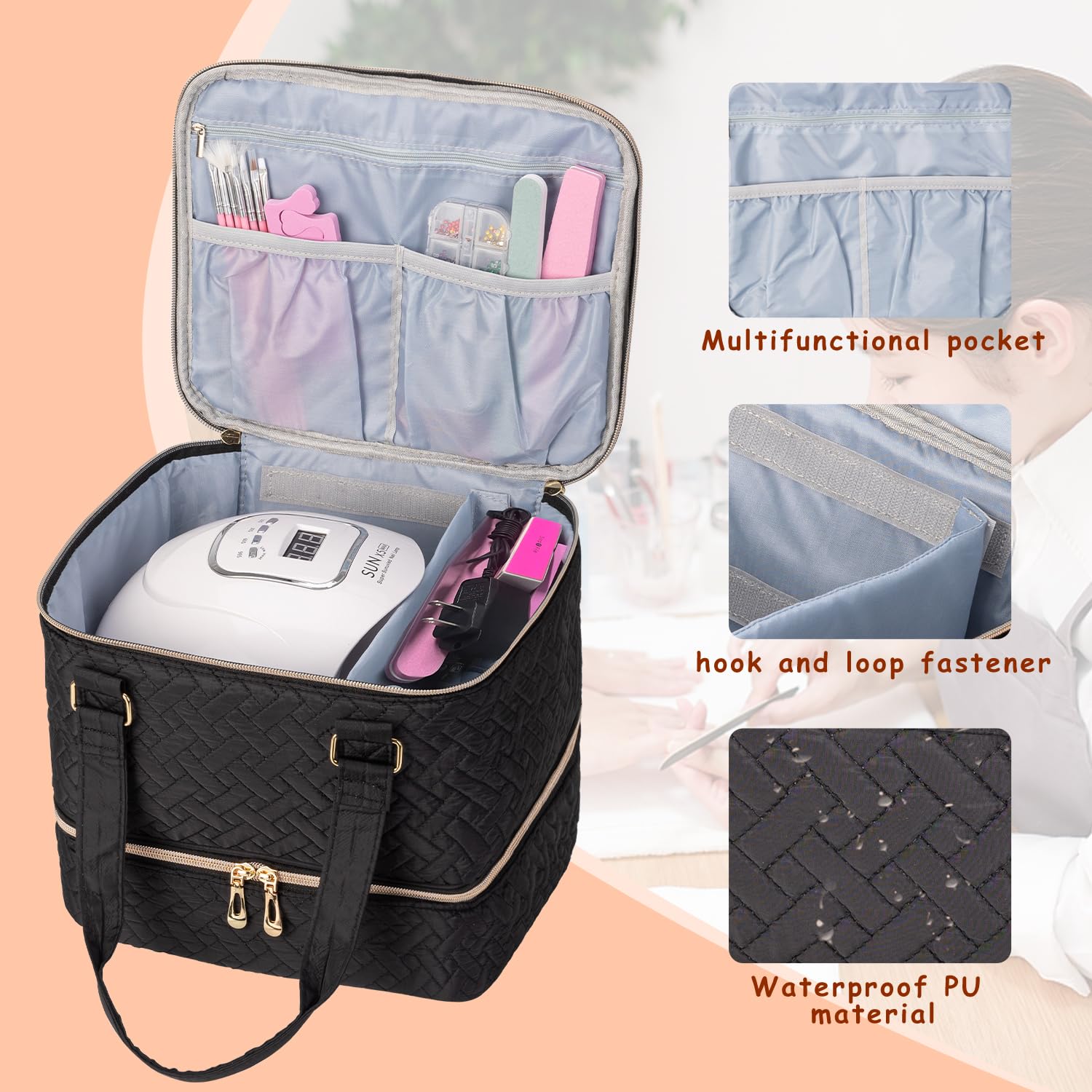 Kgmcare Nail Polish Organizer, Double Layer Nail Polish Storage Bag Gel Nail Polish Carrying Case Holds 42 Bottles With Nail Dry