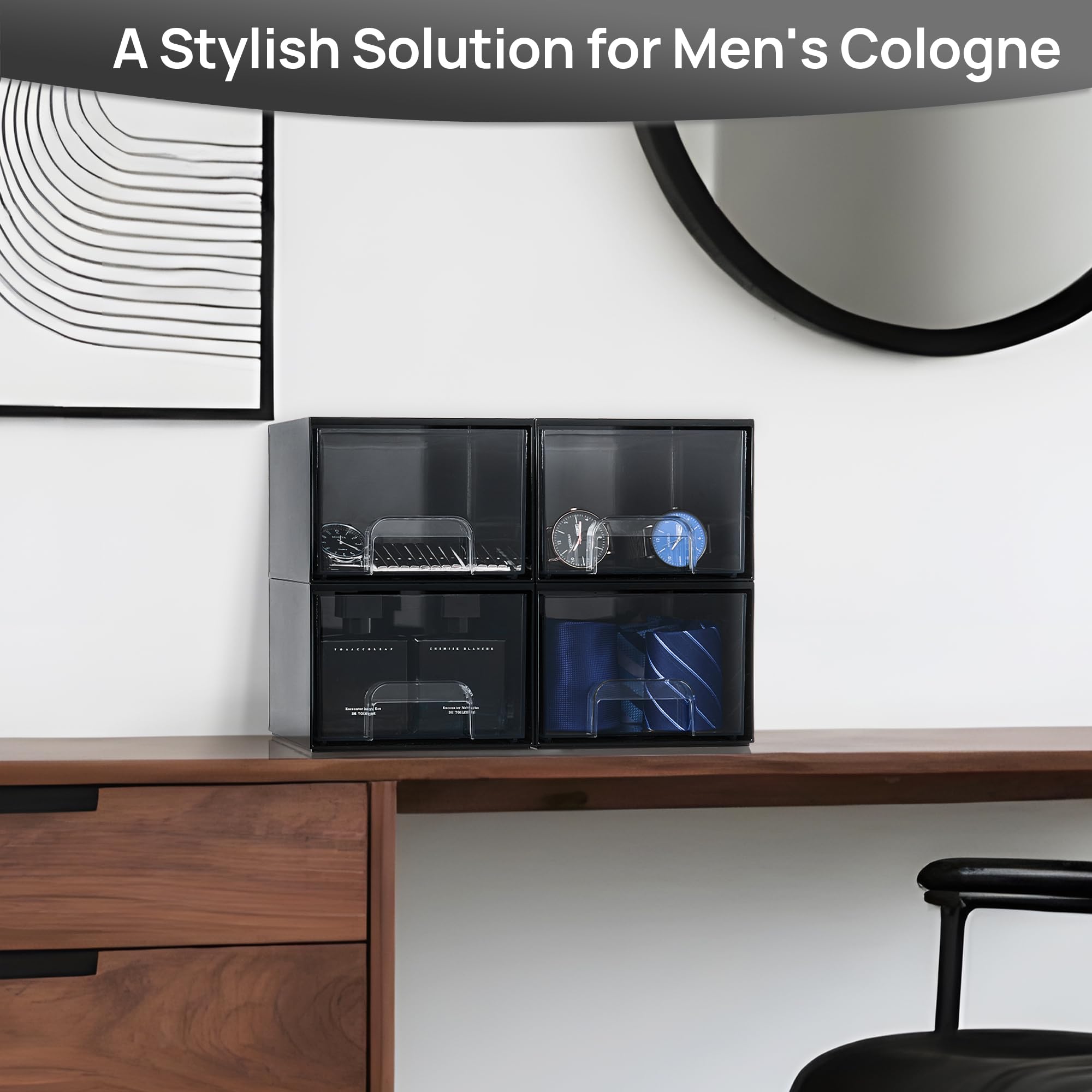 Vtopmart Black Small Stackable Storage Drawers, Cologne Organizer for Men,Plastic Containers for Vanity, Dresser,Office Desk,Bat