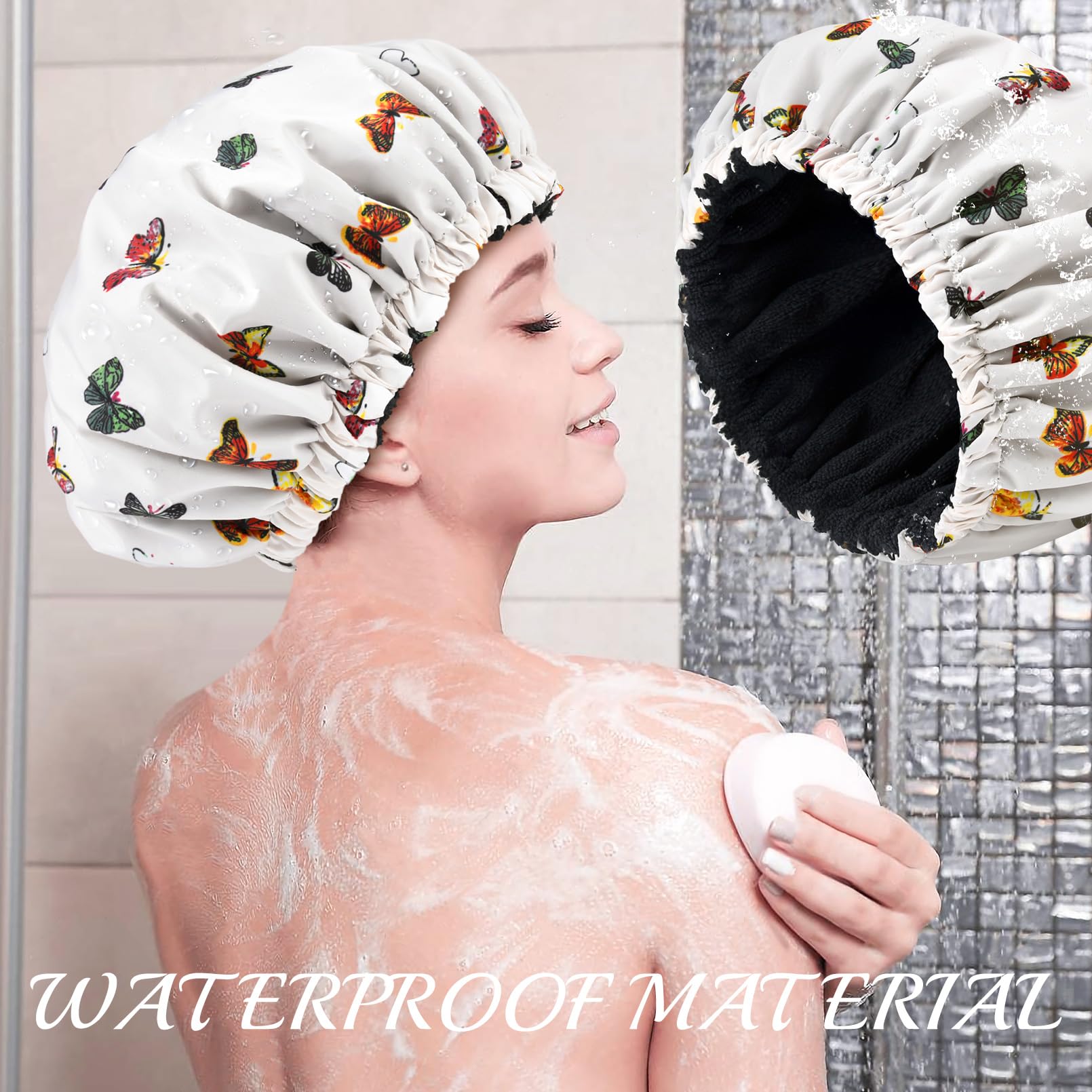 Shower Cap For Women Terry Lined Bath Cap Large Reusable Waterproof Elastic Band Butterfly Shower Caps For Long Thick Hair Soft