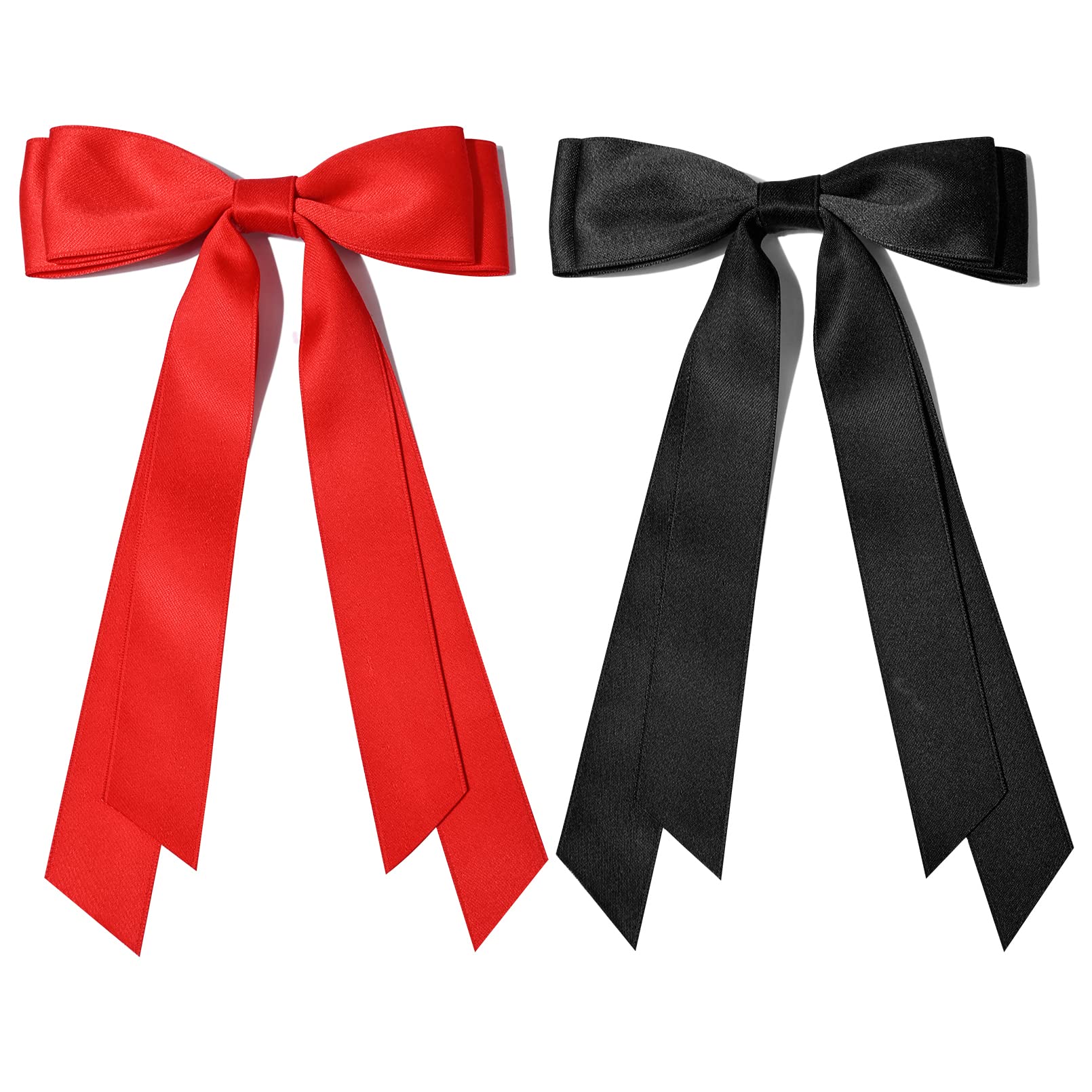 2Pcs Silky Satin Hair Bows Hair Clip Black Red Hair Ribbon Ponytail Holder Accessories Slides Metal Clips Hair Bow For Women Gir