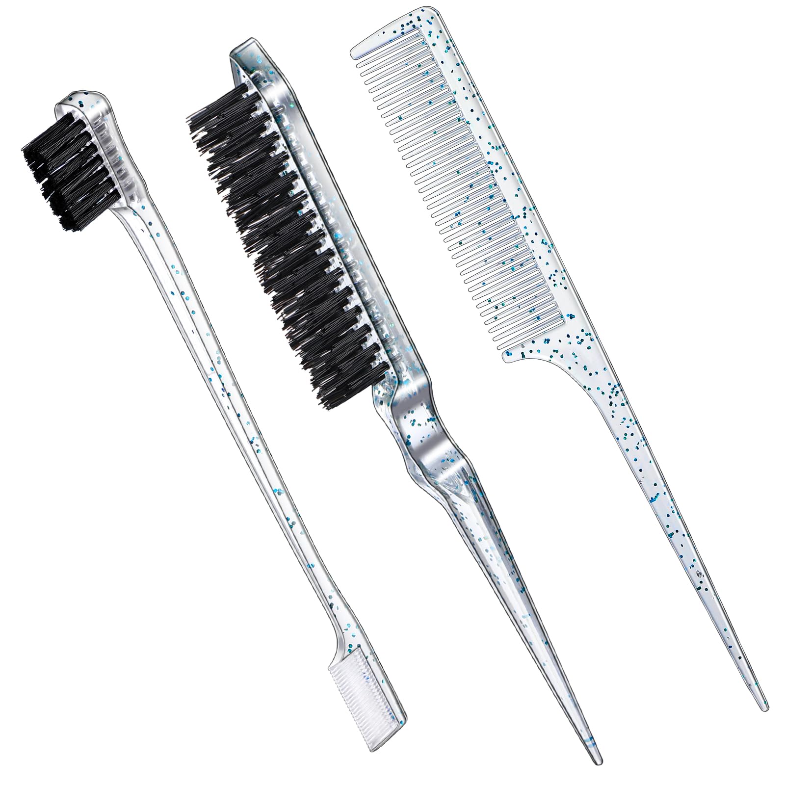 Geiserailie 3 Pcs Slick Back Hair Brush Set Bristle Brush Edge Control Teasing Comb for Women Black Hair(Clear Blue)
