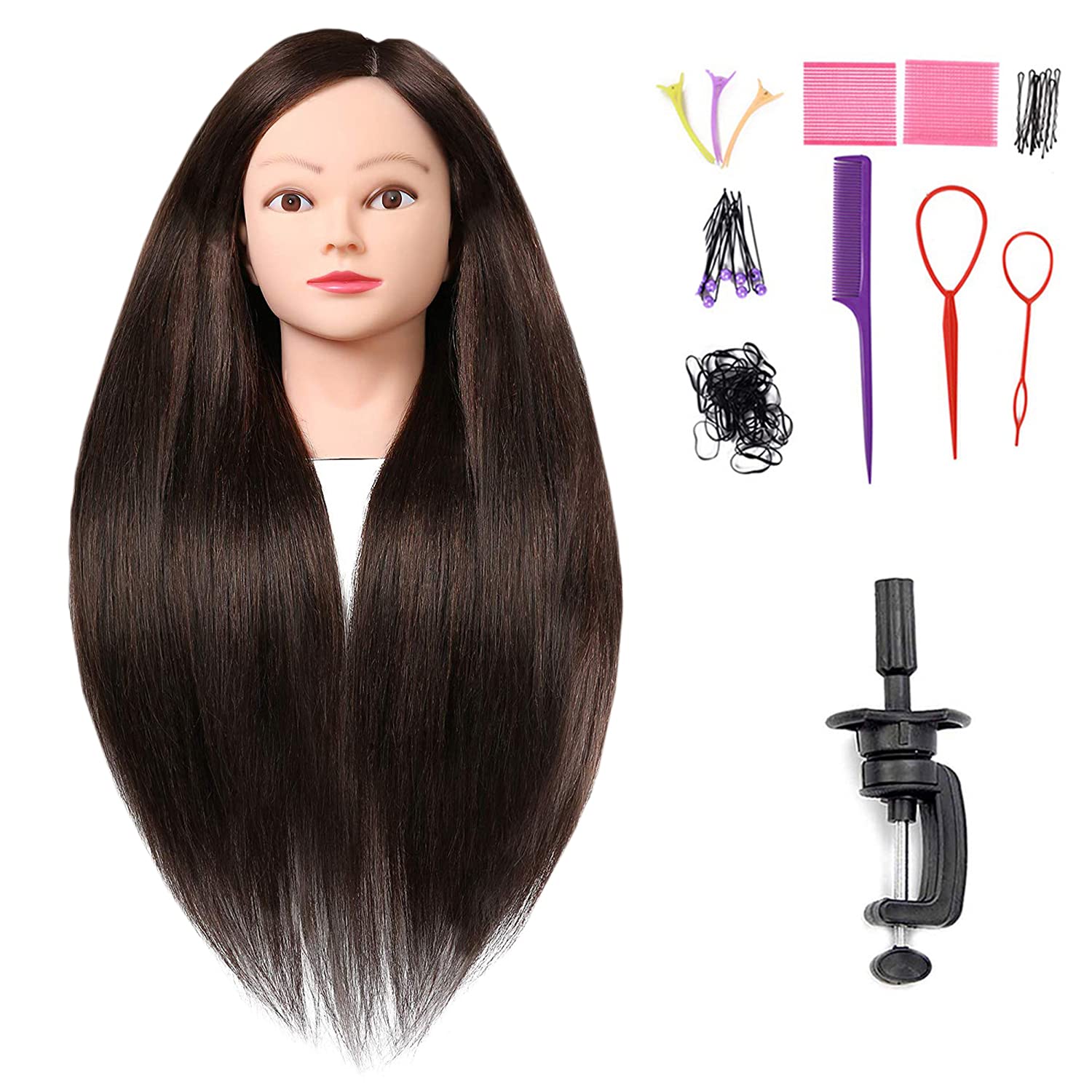 Armmu 26''-28'' Mannequin Doll Head with 60% Real Hair, Hairdresser Practice Training Head Cosmetology Manikin Doll Head with 9 