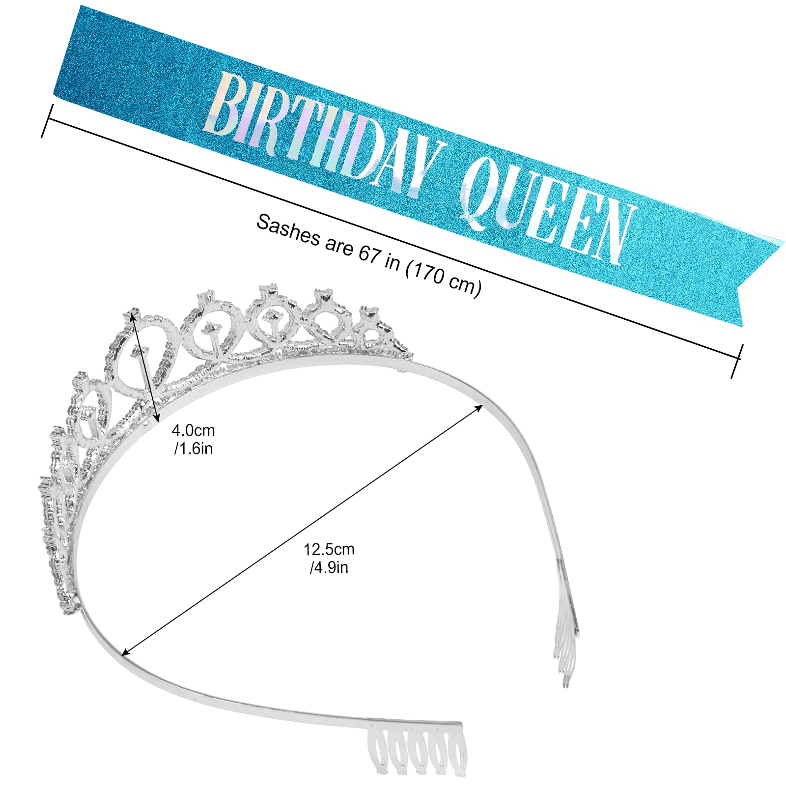 CIEHER Birthday Crown,Birthday Queen Sash & Rhinestone Tiara Kit for Women Girls,Tiaras and Crowns for Women,Blue Queen Crown,Pr