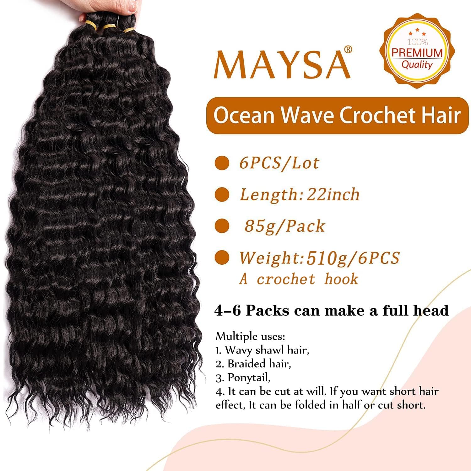 MAYSA Ocean Wave Crochet Hair 22inch Curly Crochet Hair Extensions 6Packs Soft Synthetic Wavy Crochet Hair Extensions for Women