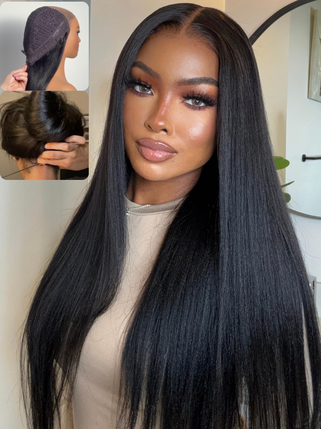 Nadula Bye Bye Knots No Slip Yaki Straight Glueless Drawstring Wig Human Hair with Flexible Mesh Cap Fits All Head, Pre Cut 7x5 