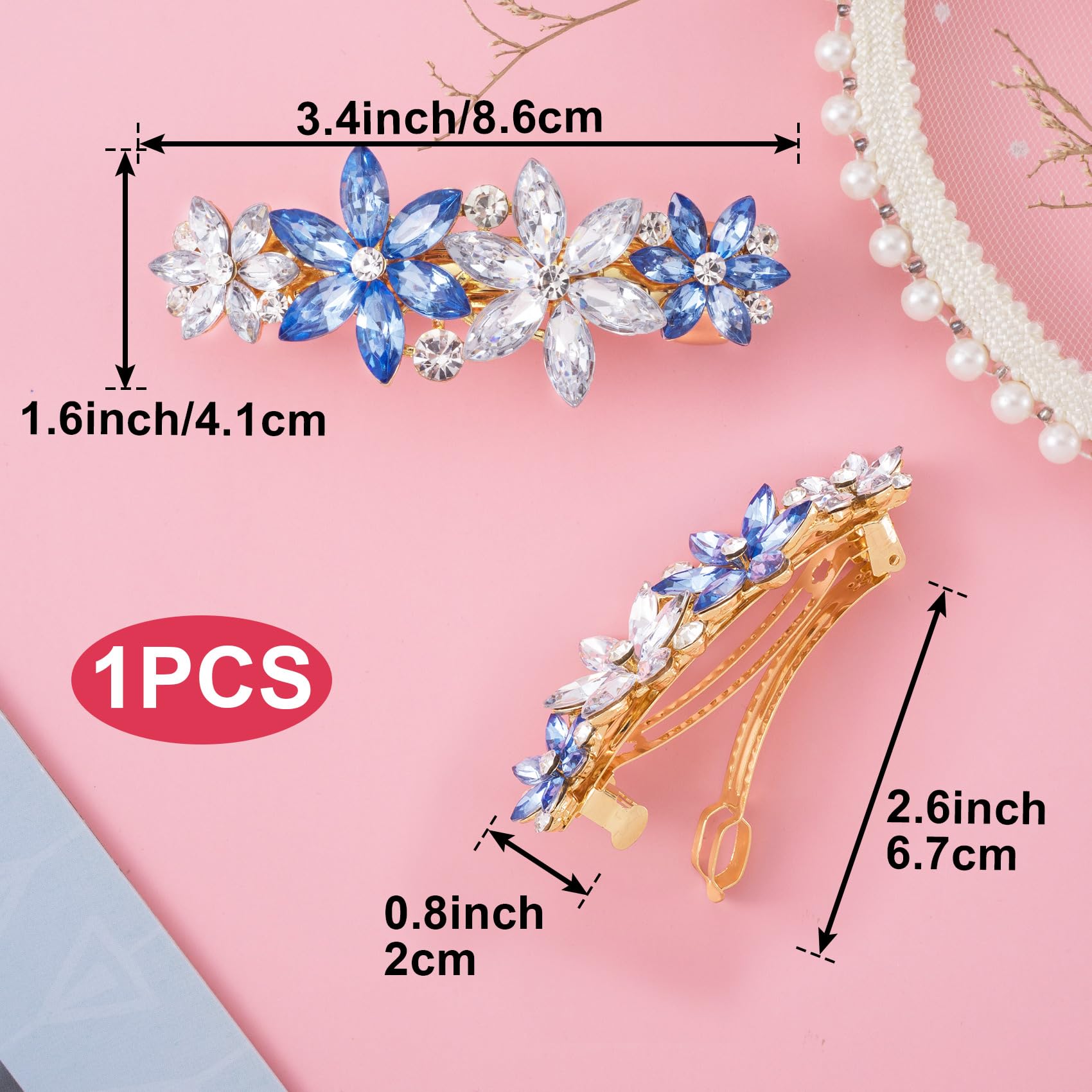 Hinzic Crystal Rhinestone Hair Clip Blue Clear Flower Wedding Barrettes Prom Engagement Dressy Decorative Fancy Accessories For