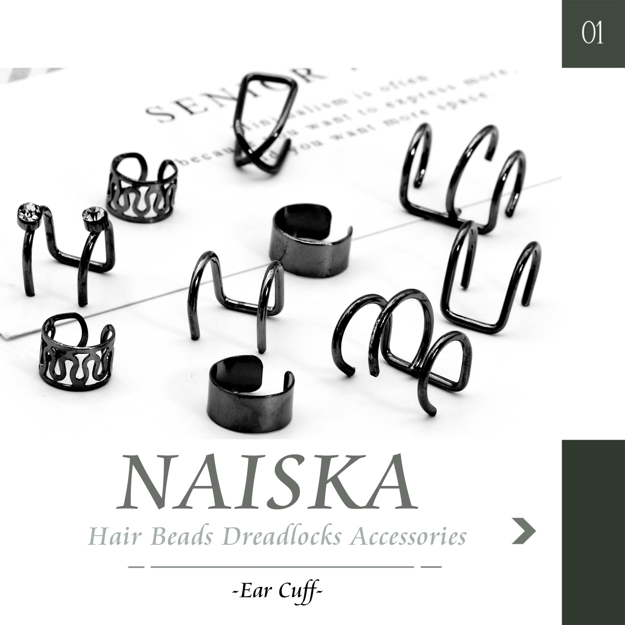 NAISKA 24PCS Black Hair Jewelry for Braids with Crystal Rhinestone Loc Dreadlock Accessories Metal Braid Clips Non-Piercing Ear