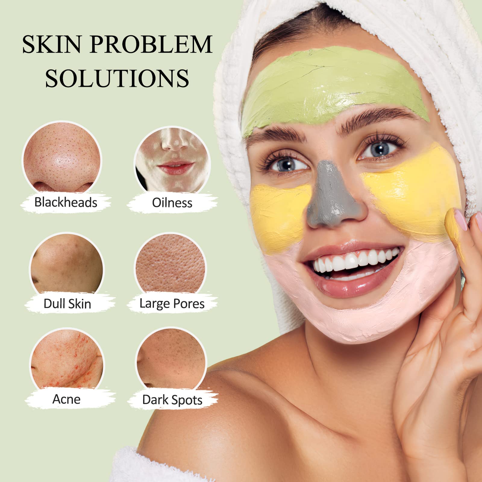 4 Pcs Clay Facial Mask Set - Turmeric, Vitamin C, Green Tea, Dead Sea Mud, and Rose Clay Skin Care Mask for Deep Cleansing, Mois