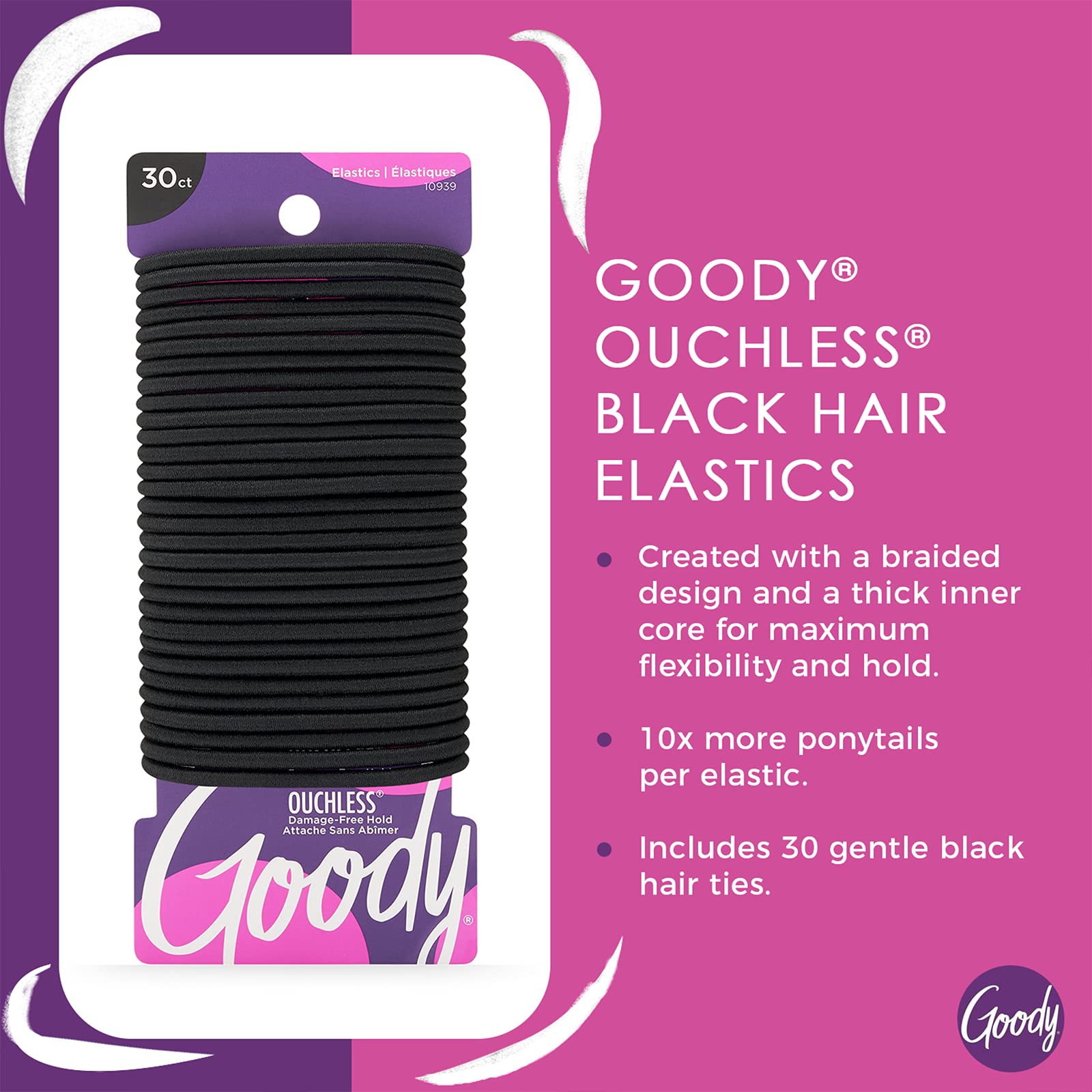Goody Ouchless Womens Elastic Hair Tie - 30 Count, Black - 4MM for Medium Hair- Hair Accessories for Women Perfect for Long Last